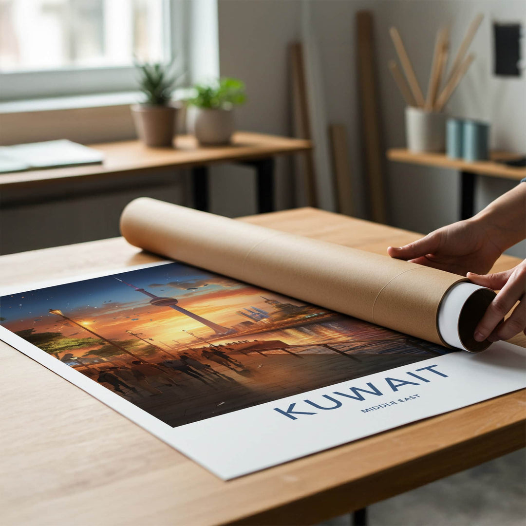 Kuwait Poster - Kuwait Travel Art - Futuristic City Sunset Home Decor
