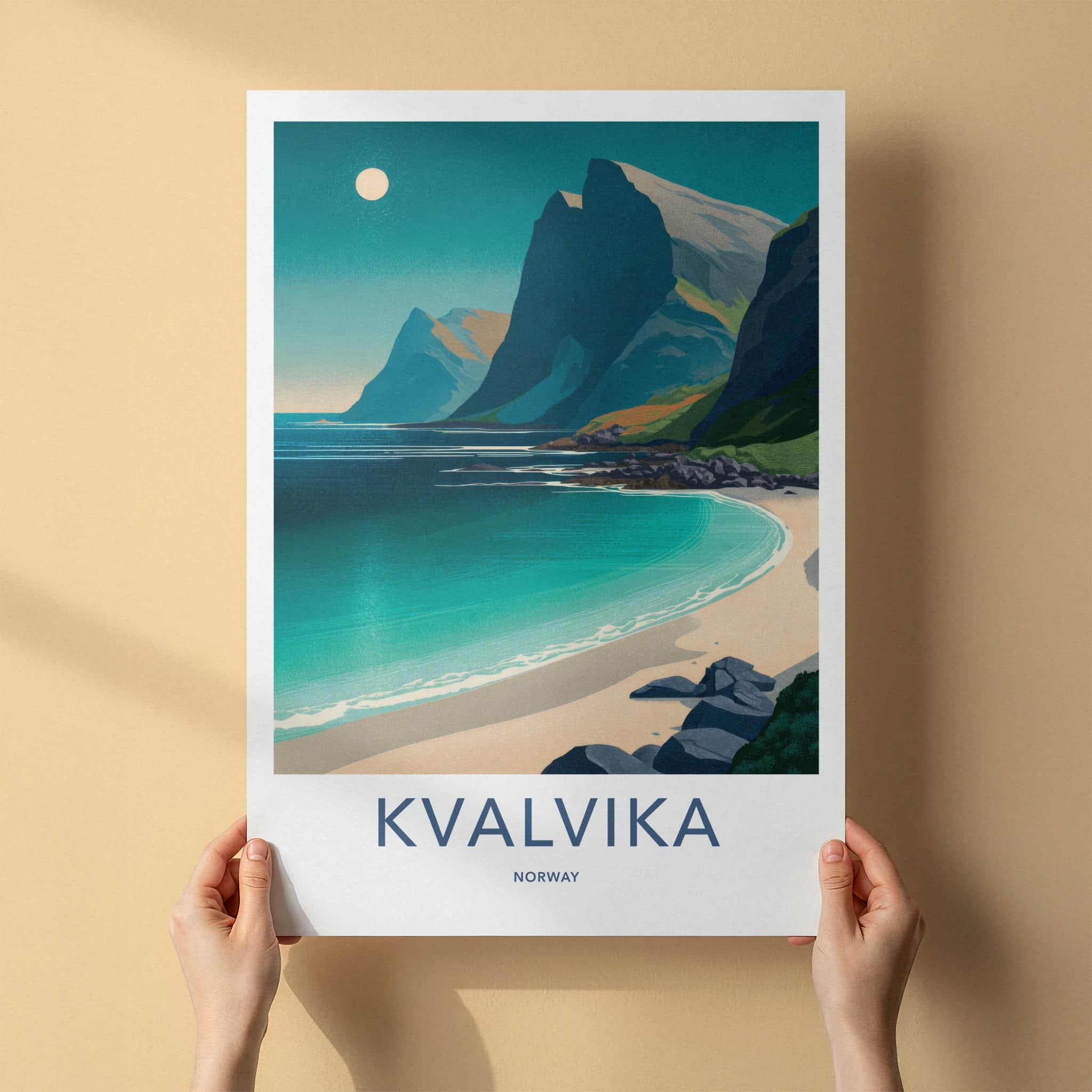 Kvalvika Poster - Norway Travel Art - Moonlit Mountain Beach Home Decor