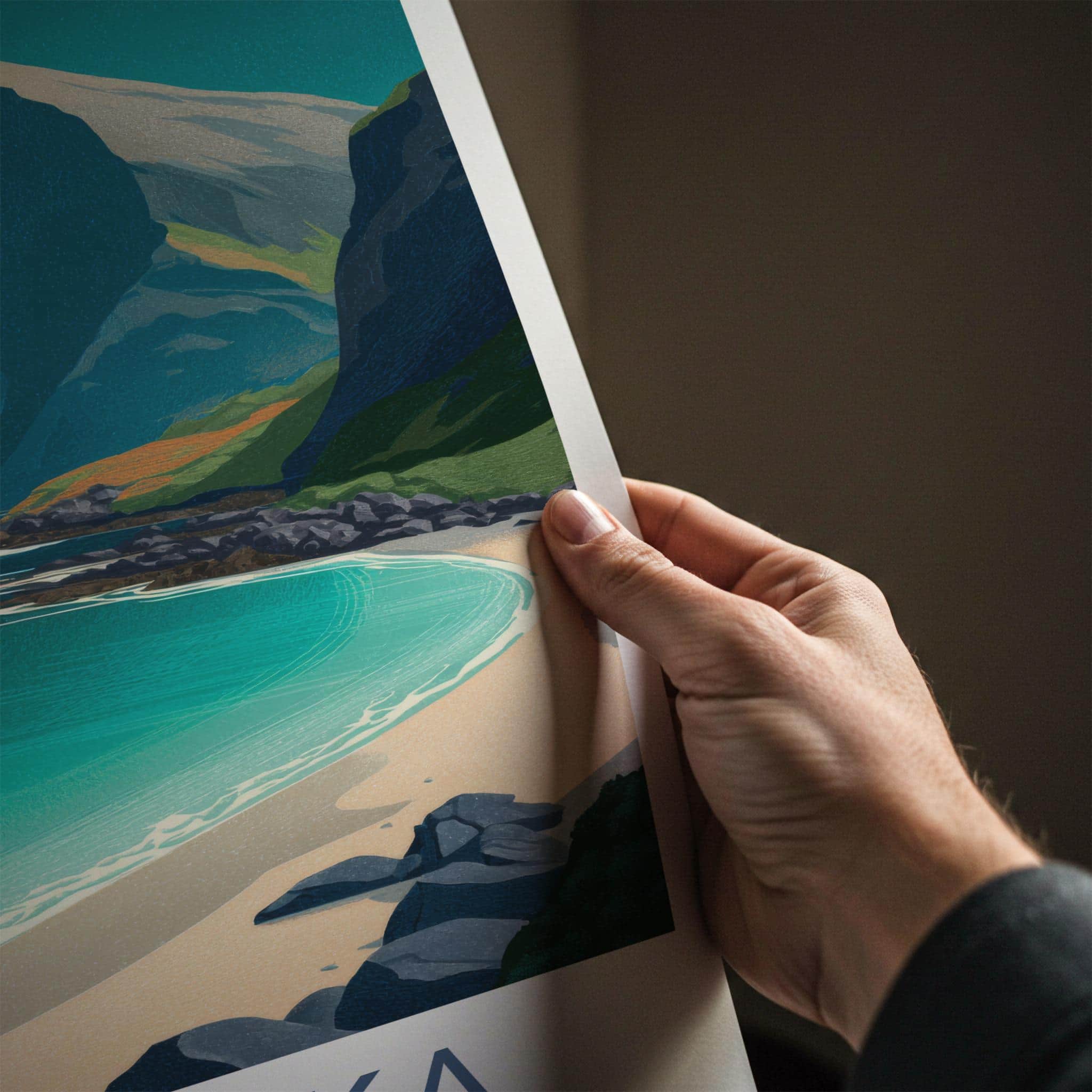 Kvalvika Poster - Norway Travel Art - Moonlit Mountain Beach Home Decor