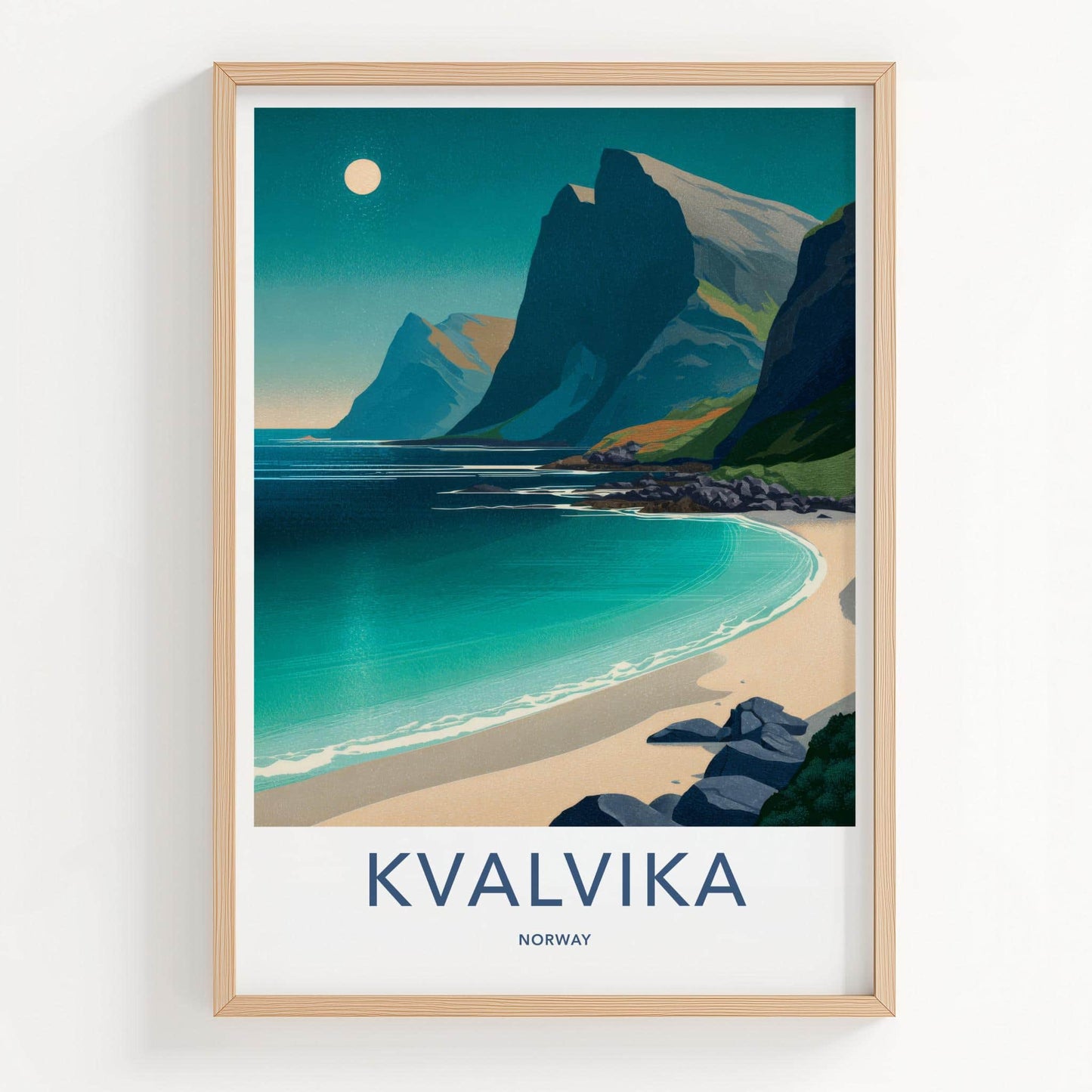 Kvalvika Poster - Norway Travel Art - Moonlit Mountain Beach Home Decor