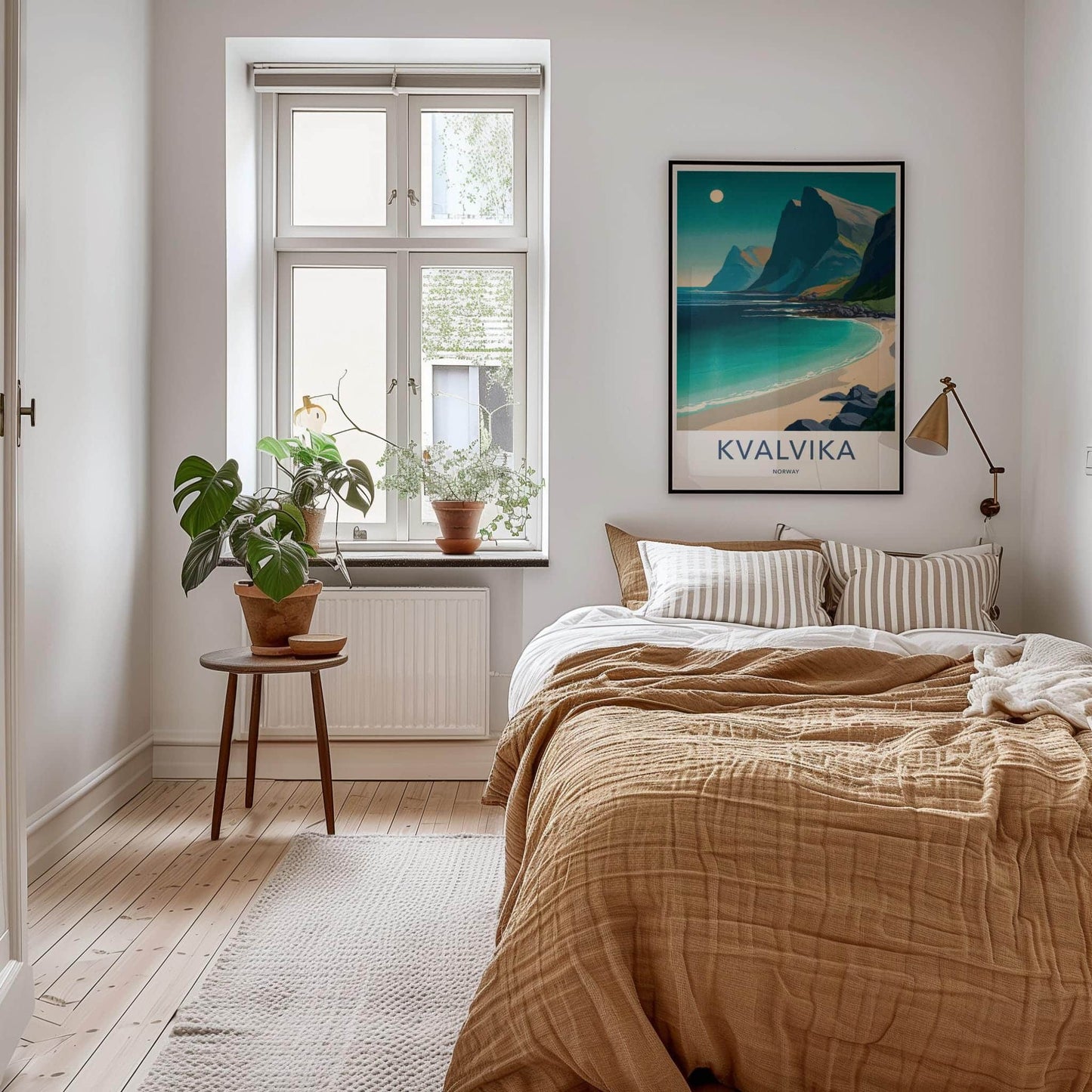 Kvalvika Poster - Norway Travel Art - Moonlit Mountain Beach Home Decor
