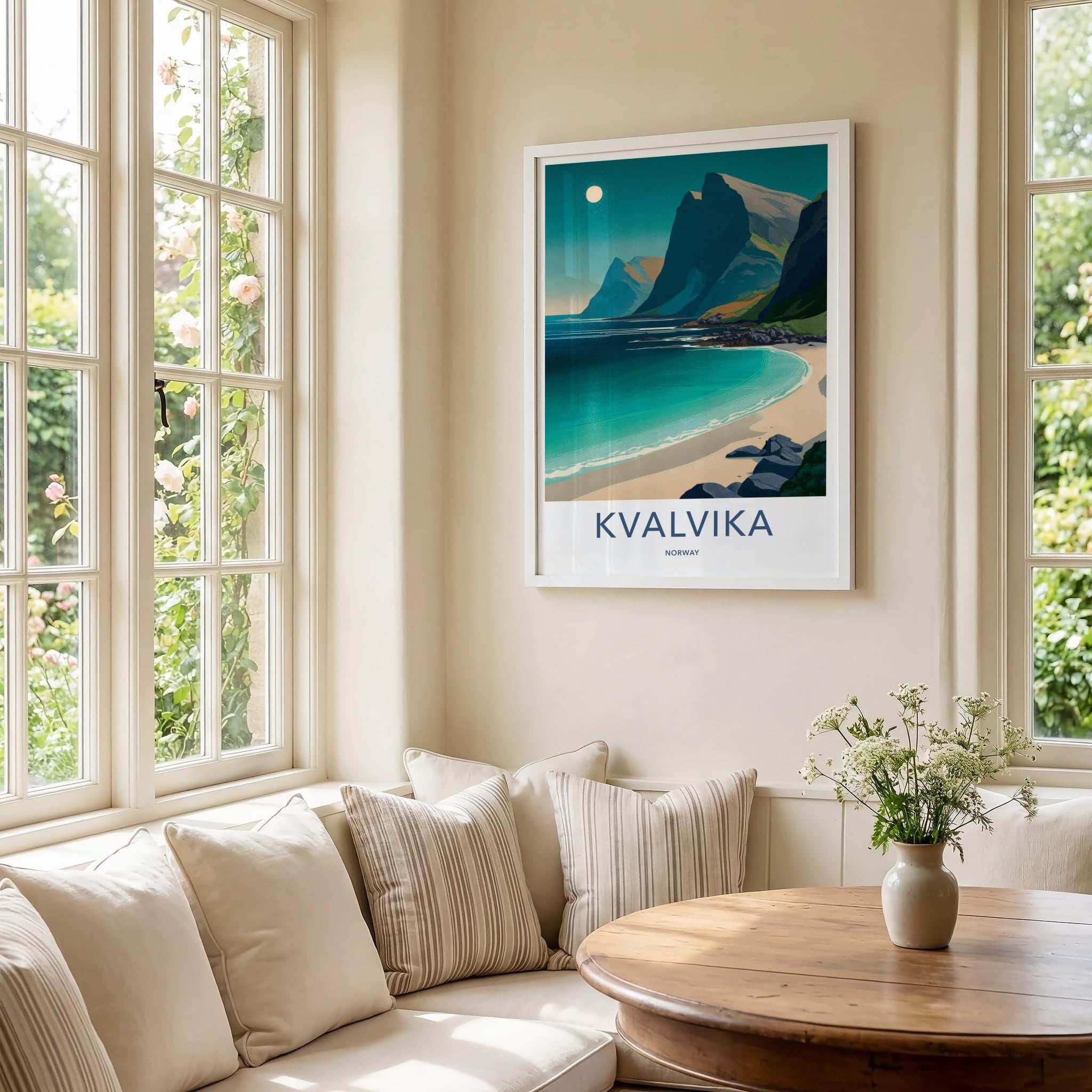 Kvalvika Poster - Norway Travel Art - Moonlit Mountain Beach Home Decor