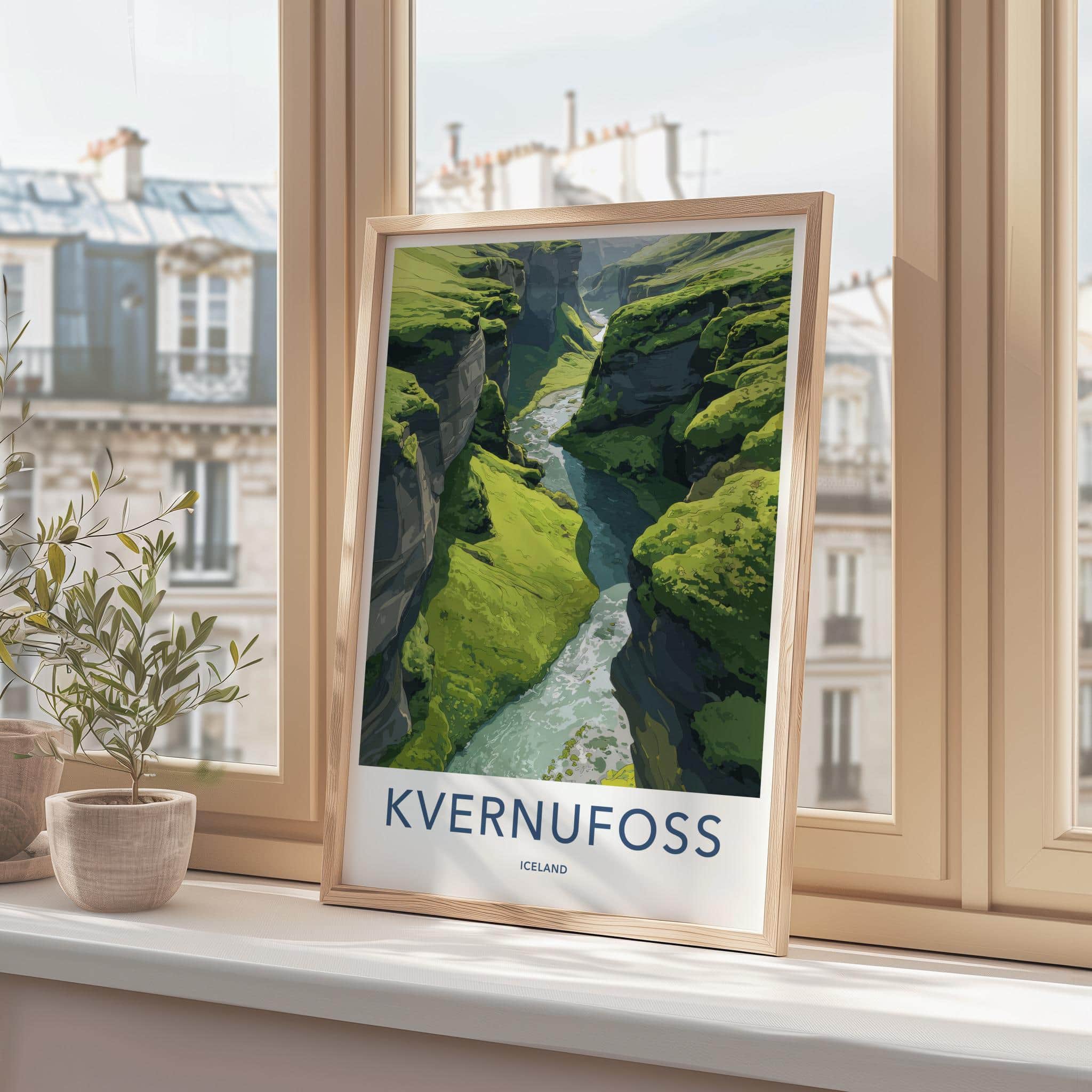 KVERNUFOSS Poster - Iceland Travel Art - Lush Green Canyon Home Decor