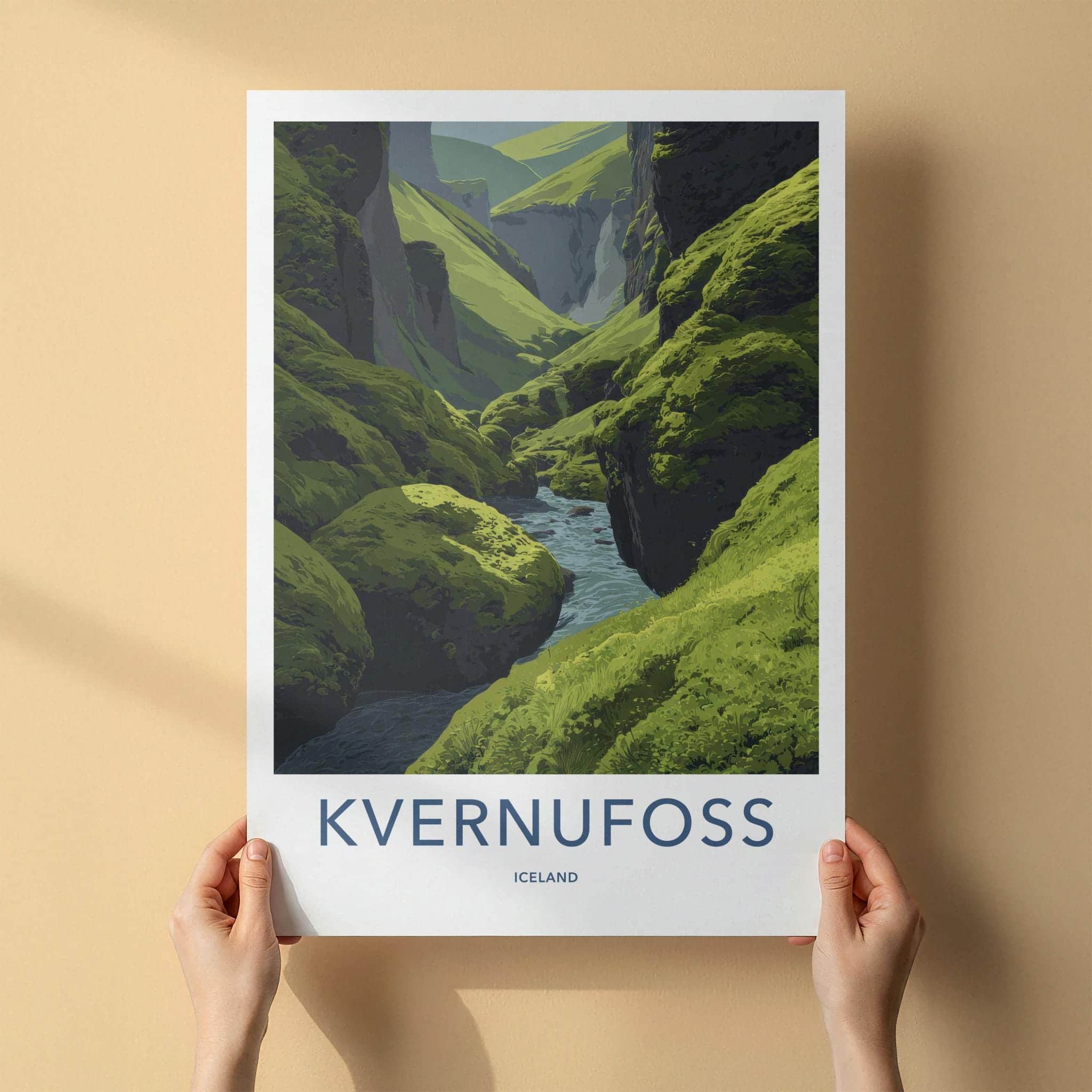 Kvernufoss Poster - Iceland Travel Art - Mossy Canyon River Wall Decor