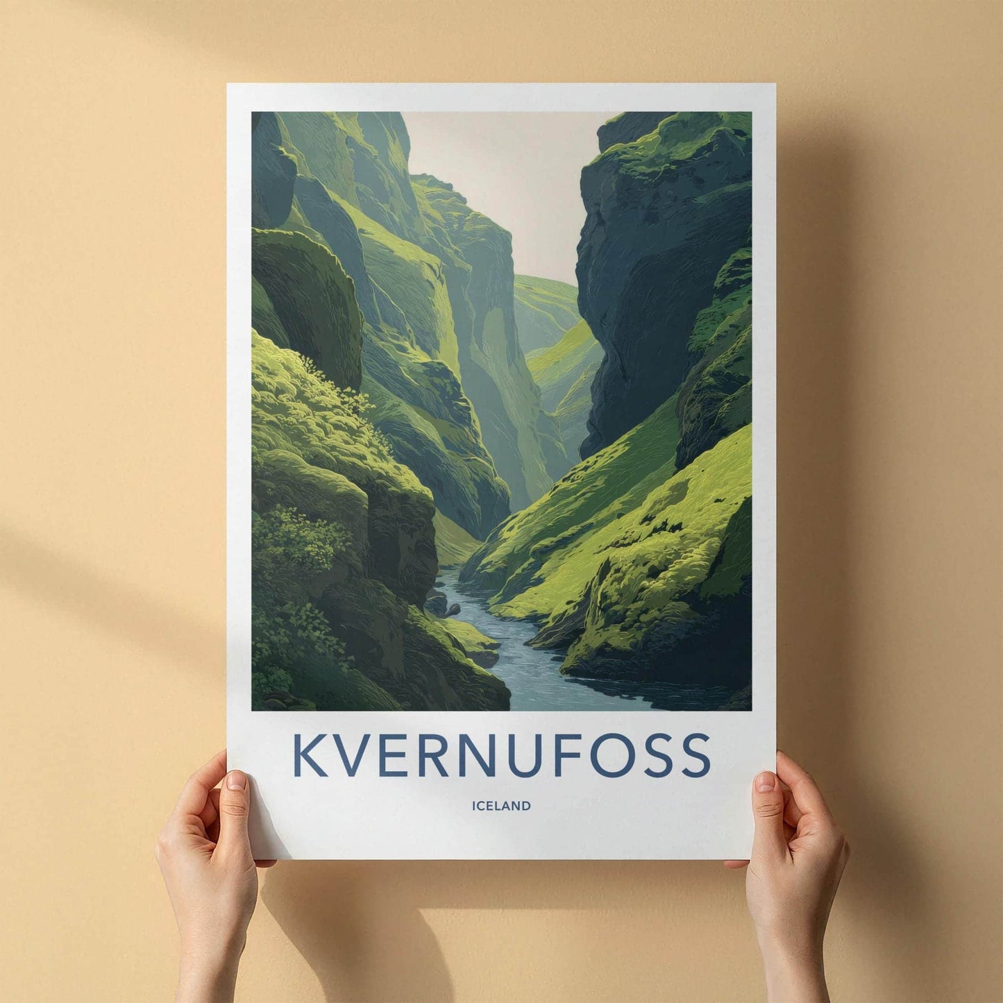 Kvernunfoss Poster - Iceland Travel Art - Lush Green Gorge Home Decor