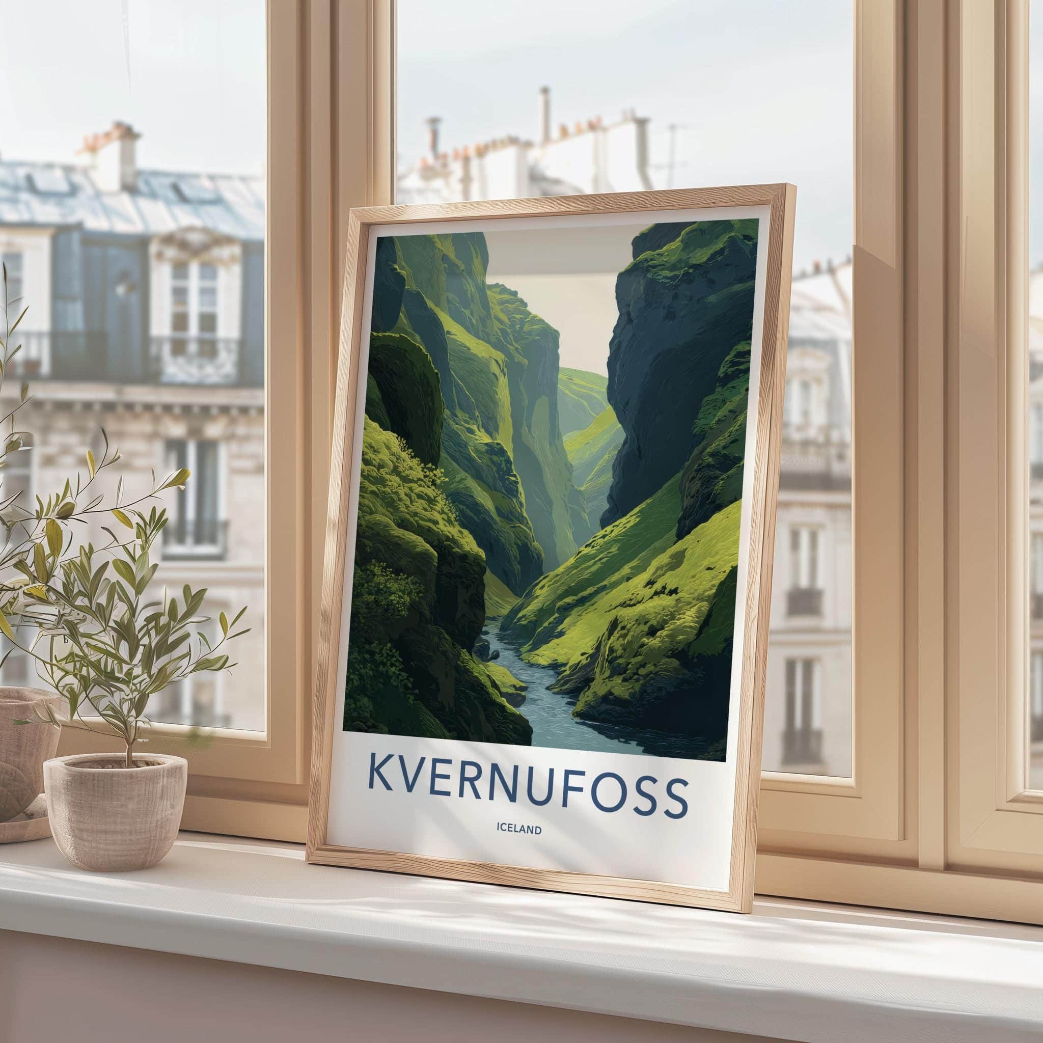 Kvernunfoss Poster - Iceland Travel Art - Lush Green Gorge Home Decor