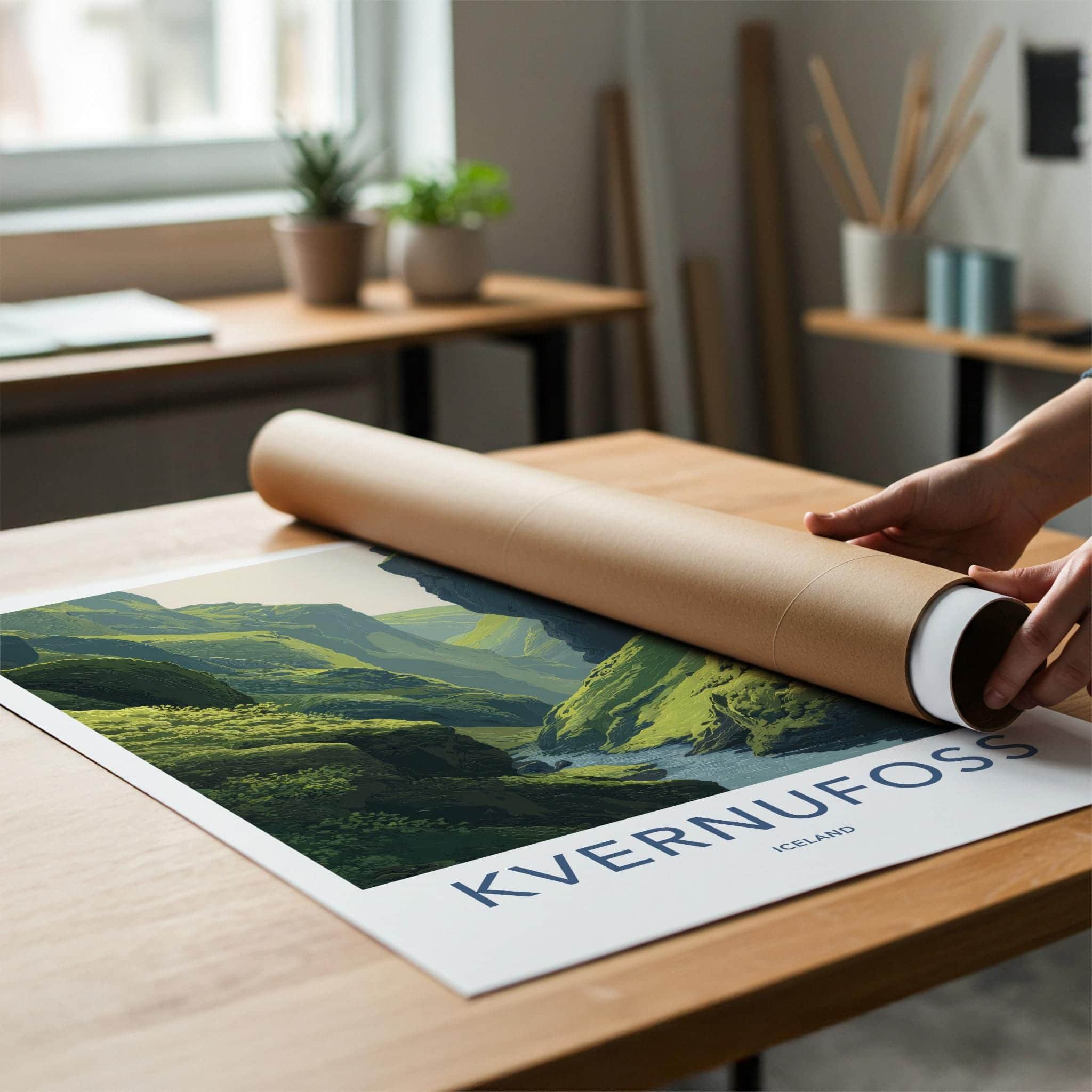 Kvernunfoss Poster - Iceland Travel Art - Lush Green Gorge Home Decor