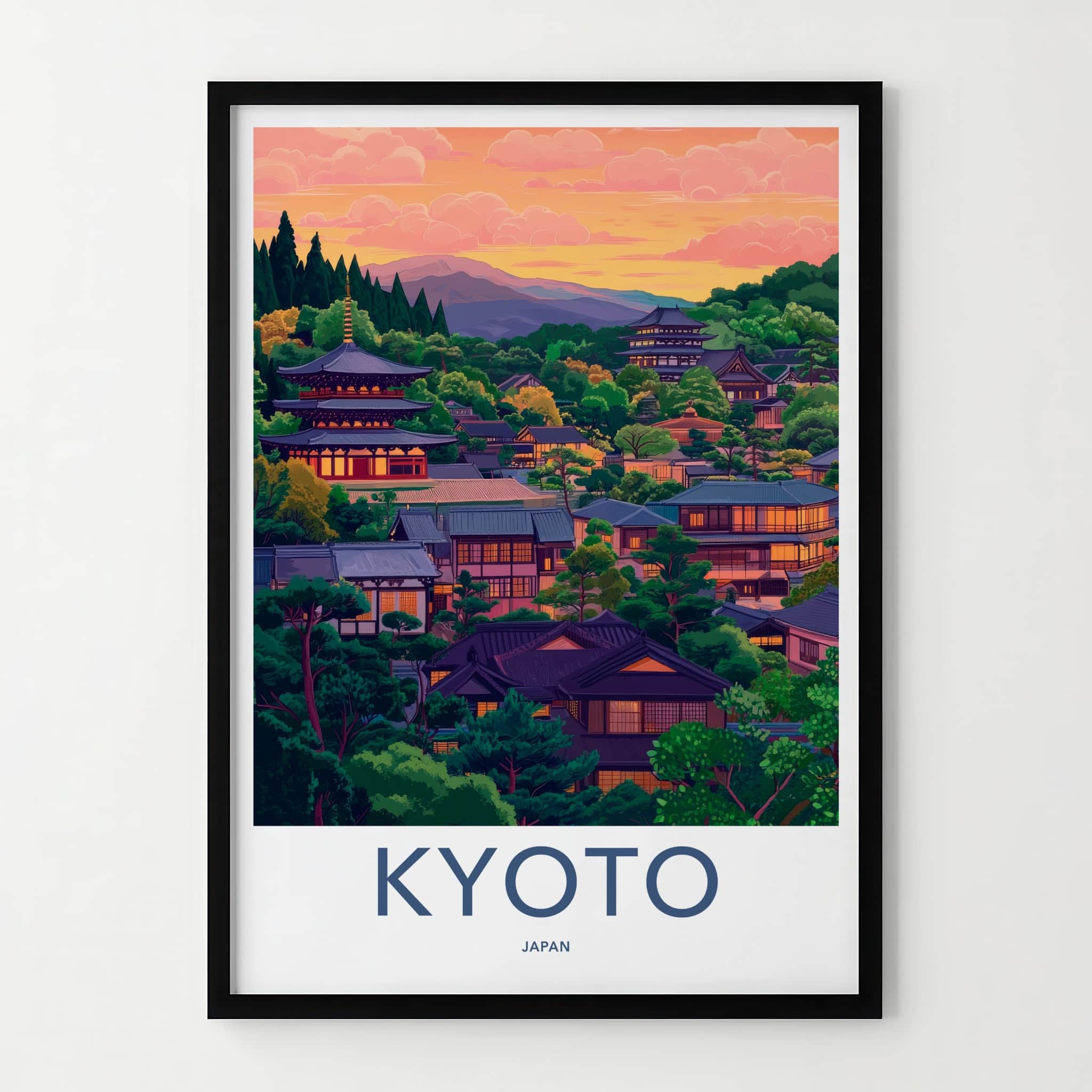 Kyoto Poster - Japan Travel Art - Green Hillside Village Home Decor
