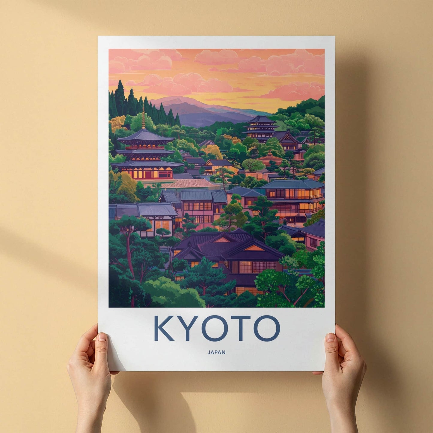 Kyoto Poster - Japan Travel Art - Green Hillside Village Home Decor