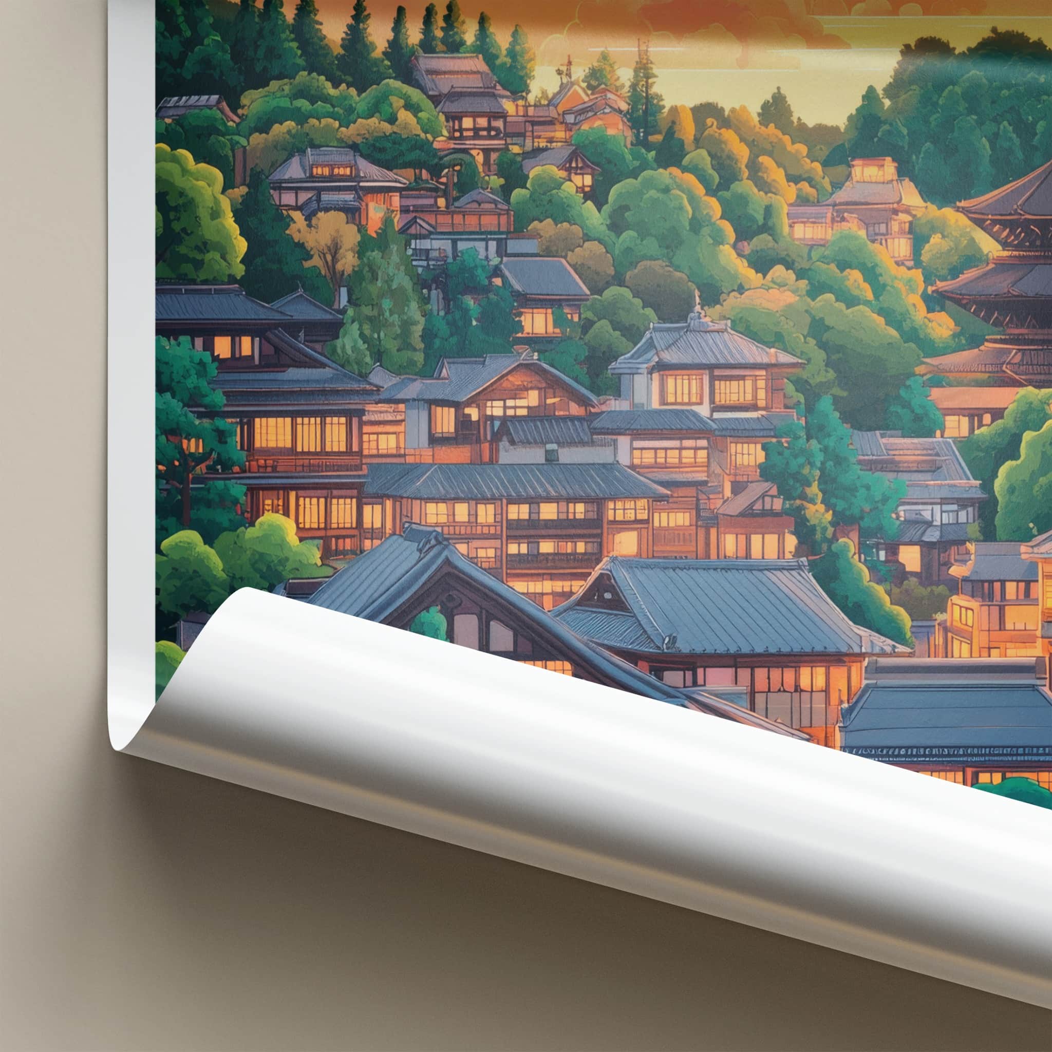 Kyoto Poster - Japan Travel Art - Hillside Pagoda Sunset Home Decor