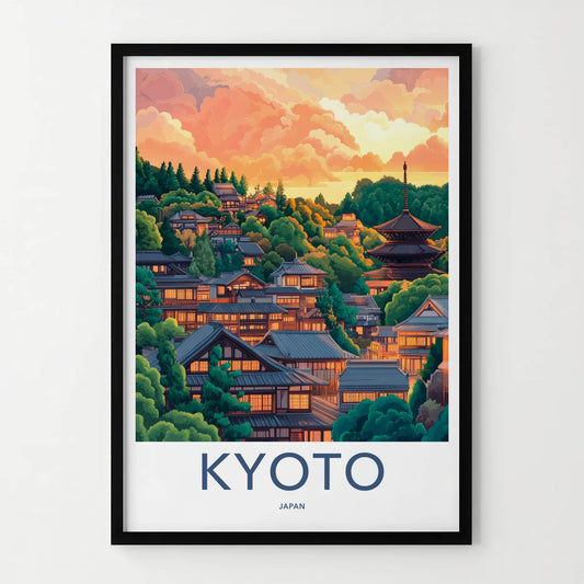 Kyoto Poster - Japan Travel Art - Hillside Pagoda Sunset Home Decor