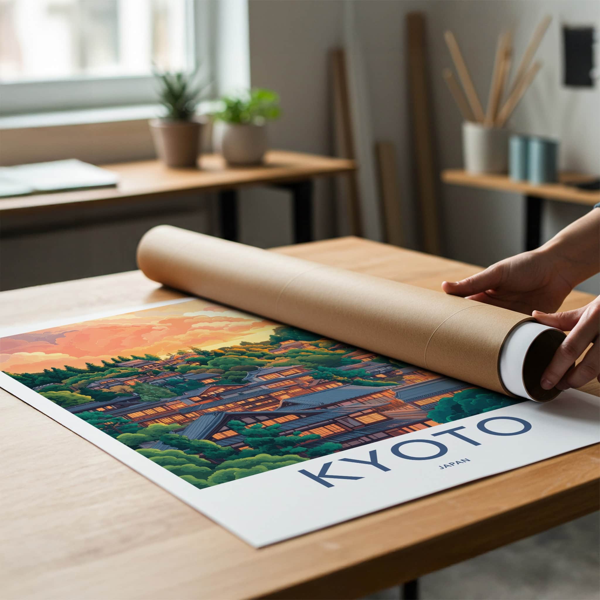 Kyoto Poster - Japan Travel Art - Hillside Pagoda Sunset Home Decor