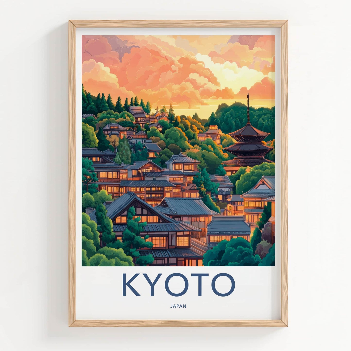 Kyoto Poster - Japan Travel Art - Hillside Pagoda Sunset Home Decor