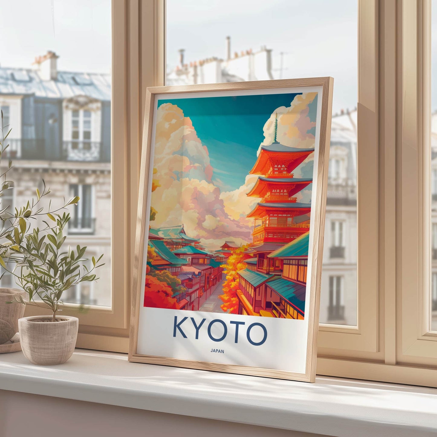 Kyoto Poster - Japan Travel Art - Pagoda Autumn Clouds Home Decor