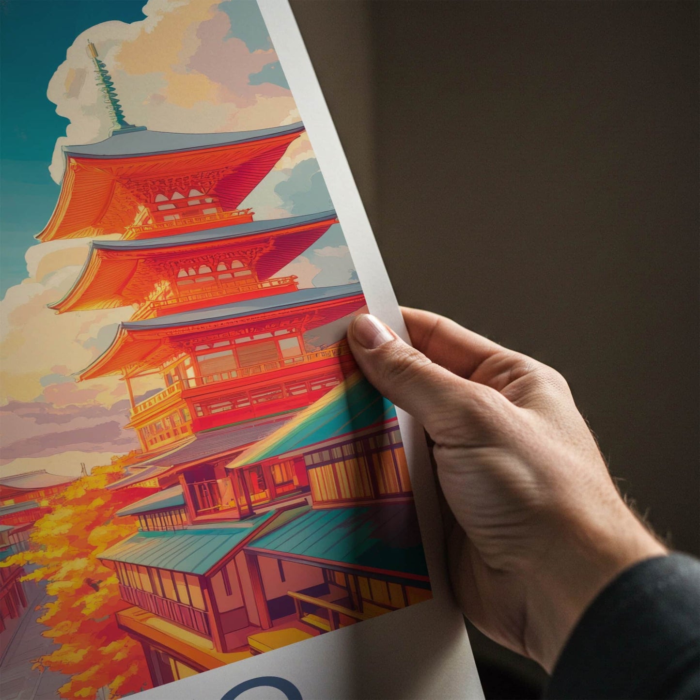 Kyoto Poster - Japan Travel Art - Pagoda Autumn Clouds Home Decor