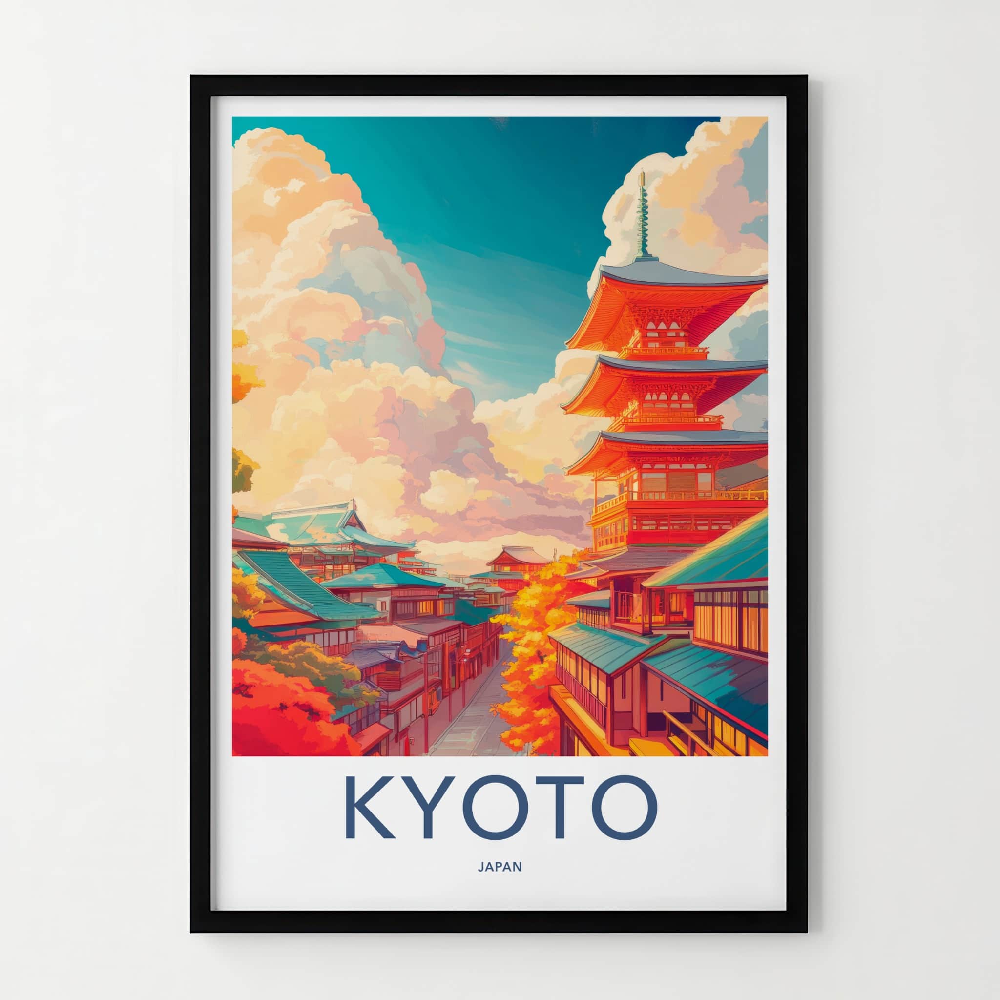 Kyoto Poster - Japan Travel Art - Pagoda Autumn Clouds Home Decor