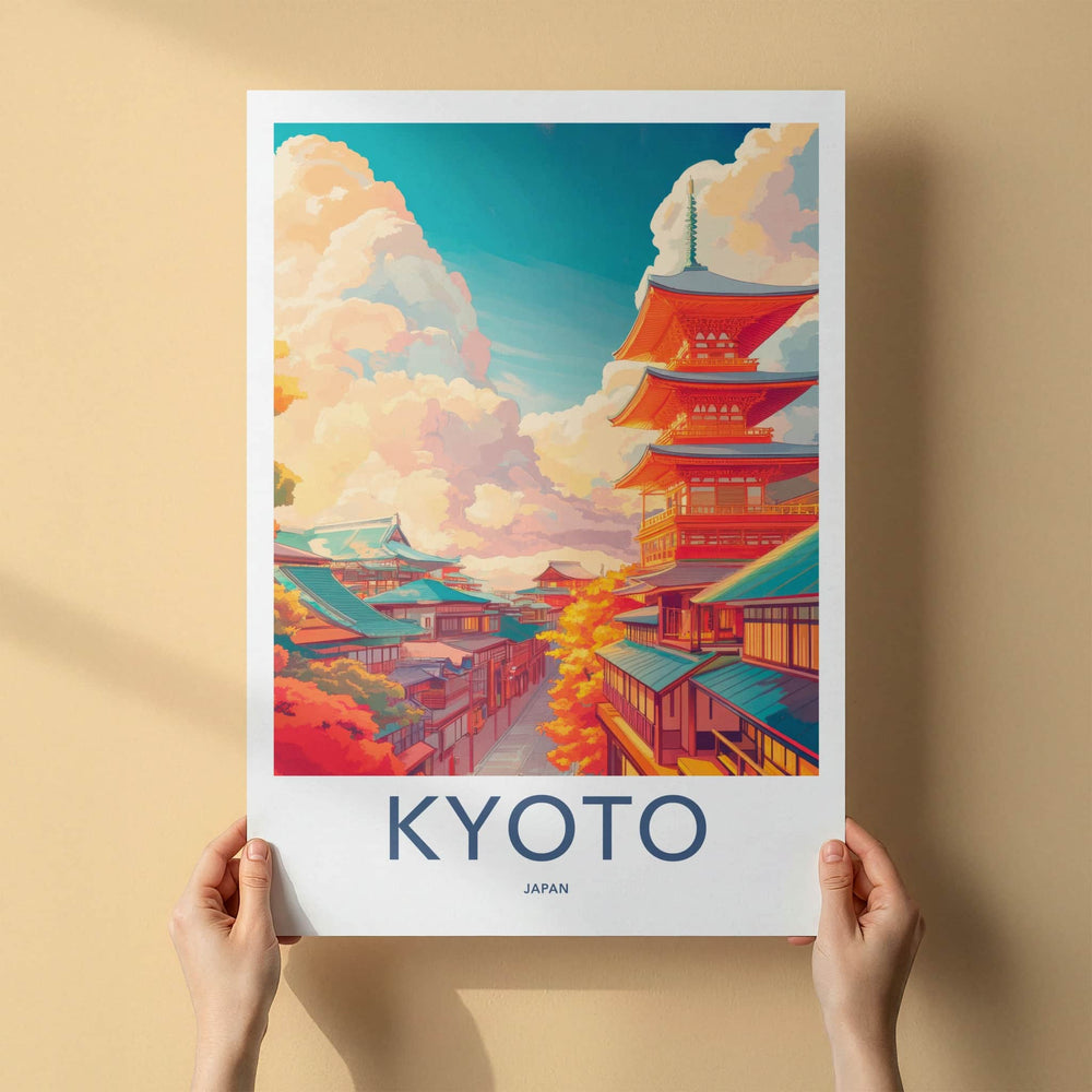 Kyoto Poster - Japan Travel Art - Pagoda Autumn Clouds Home Decor