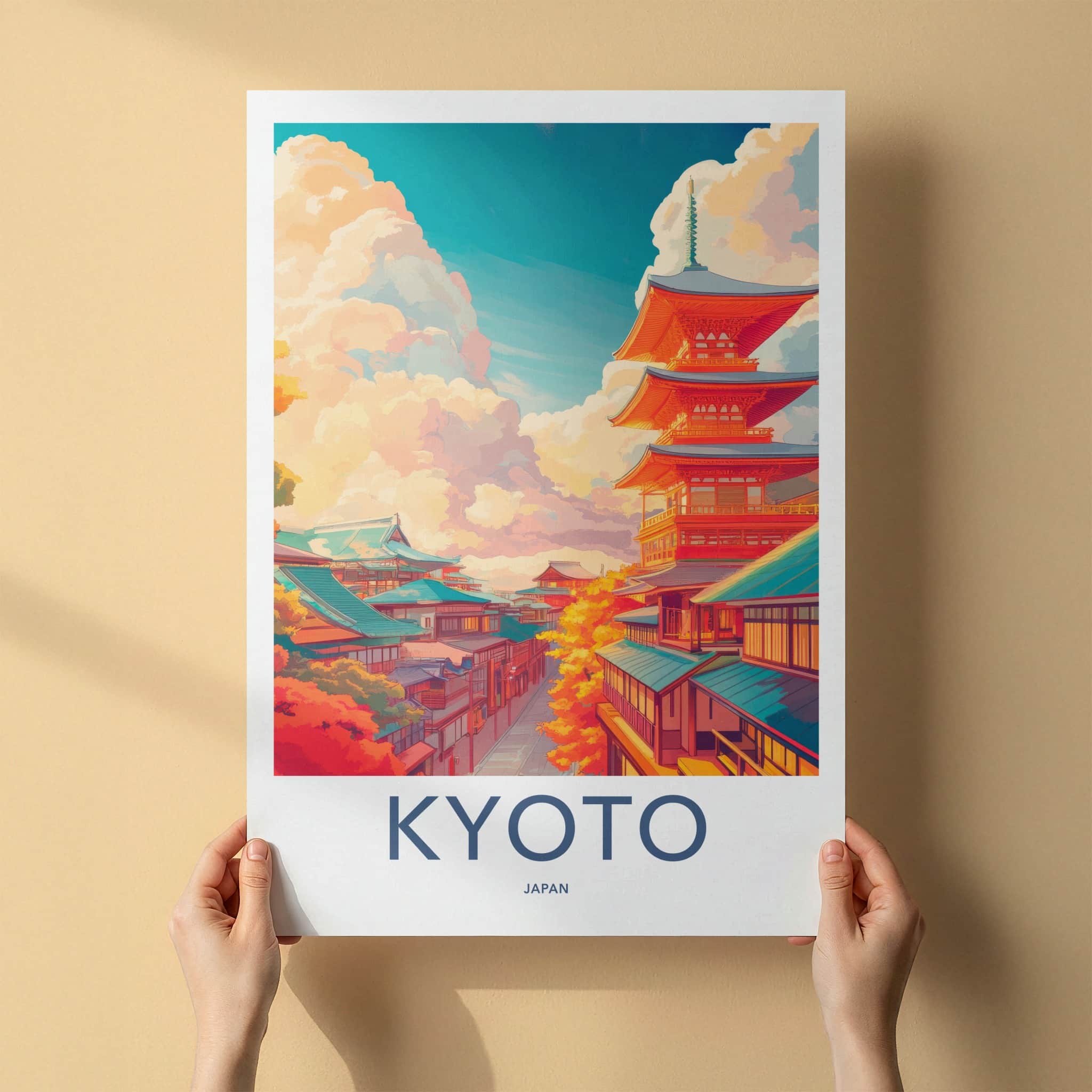 Kyoto Poster - Japan Travel Art - Pagoda Autumn Clouds Home Decor
