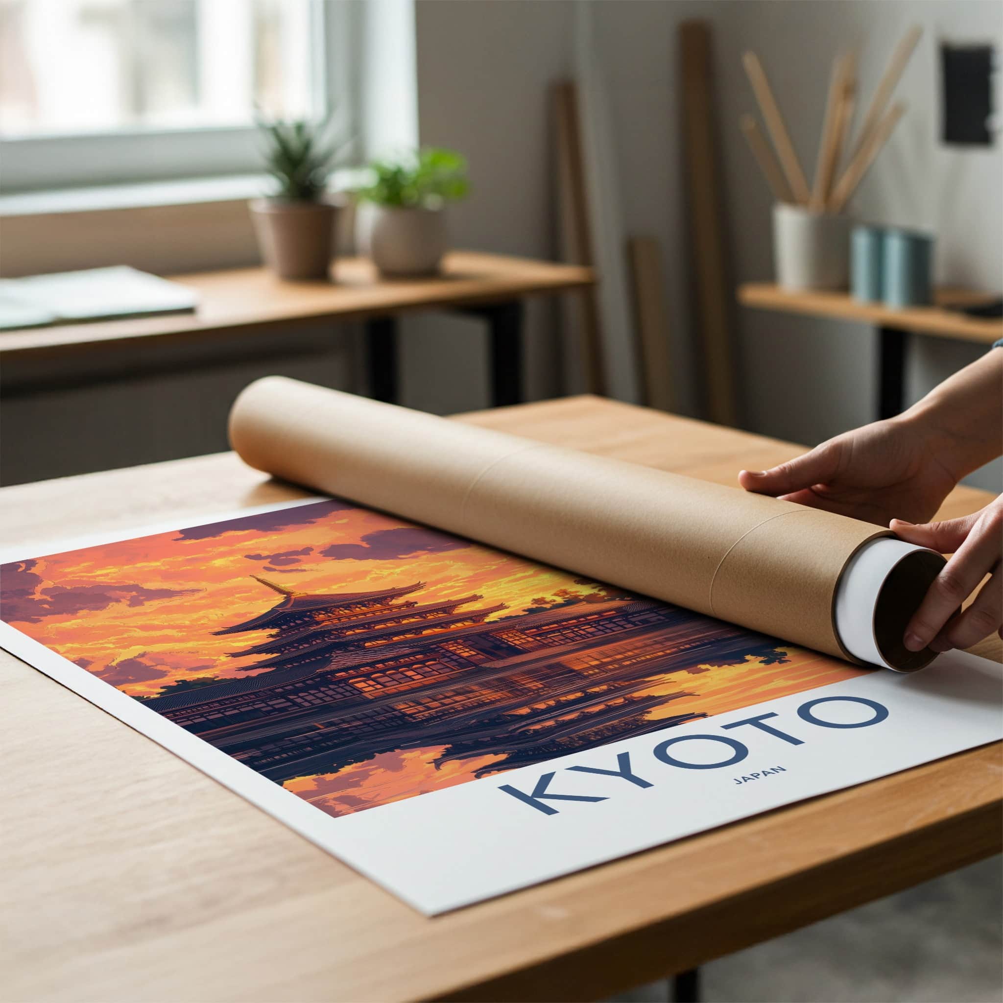 Kyoto Poster - Japan Travel Art - Pagoda Sunset Reflection Home Decor