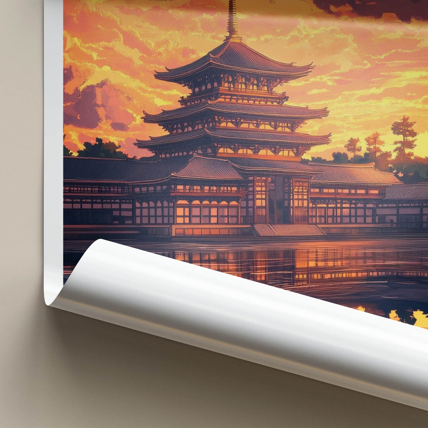 Kyoto Poster - Japan Travel Art - Pagoda Sunset Reflection Home Decor