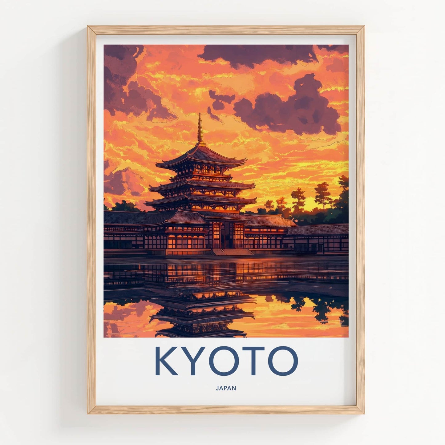 Kyoto Poster - Japan Travel Art - Pagoda Sunset Reflection Home Decor