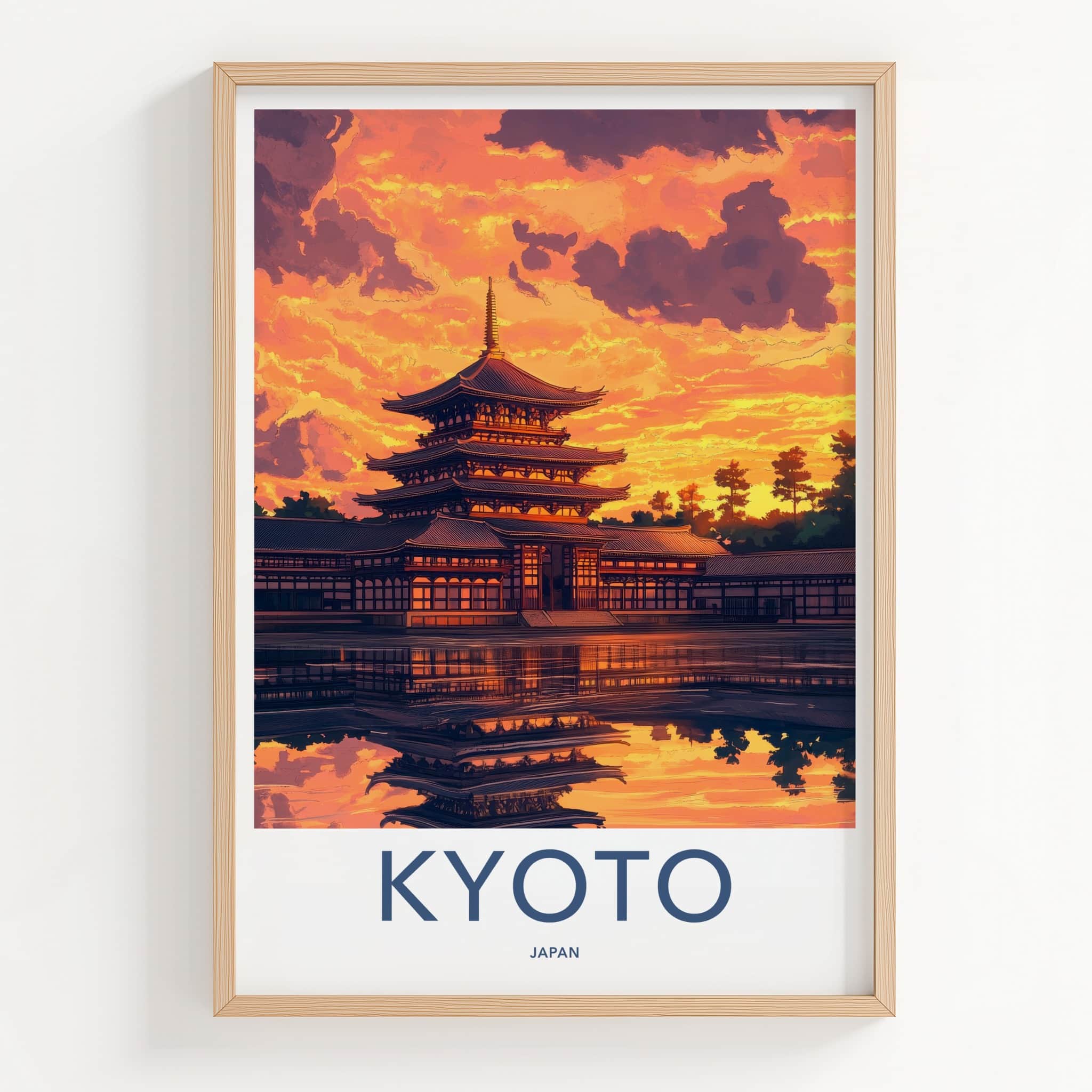 Kyoto Poster - Japan Travel Art - Pagoda Sunset Reflection Home Decor