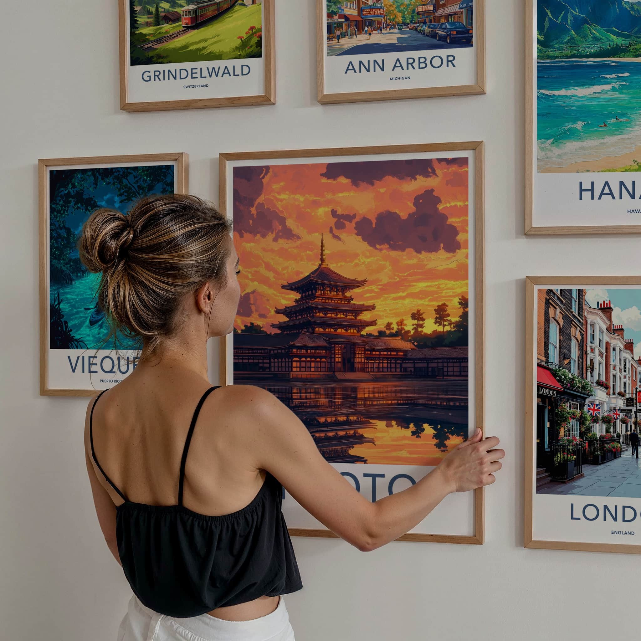 Kyoto Poster - Japan Travel Art - Pagoda Sunset Reflection Home Decor