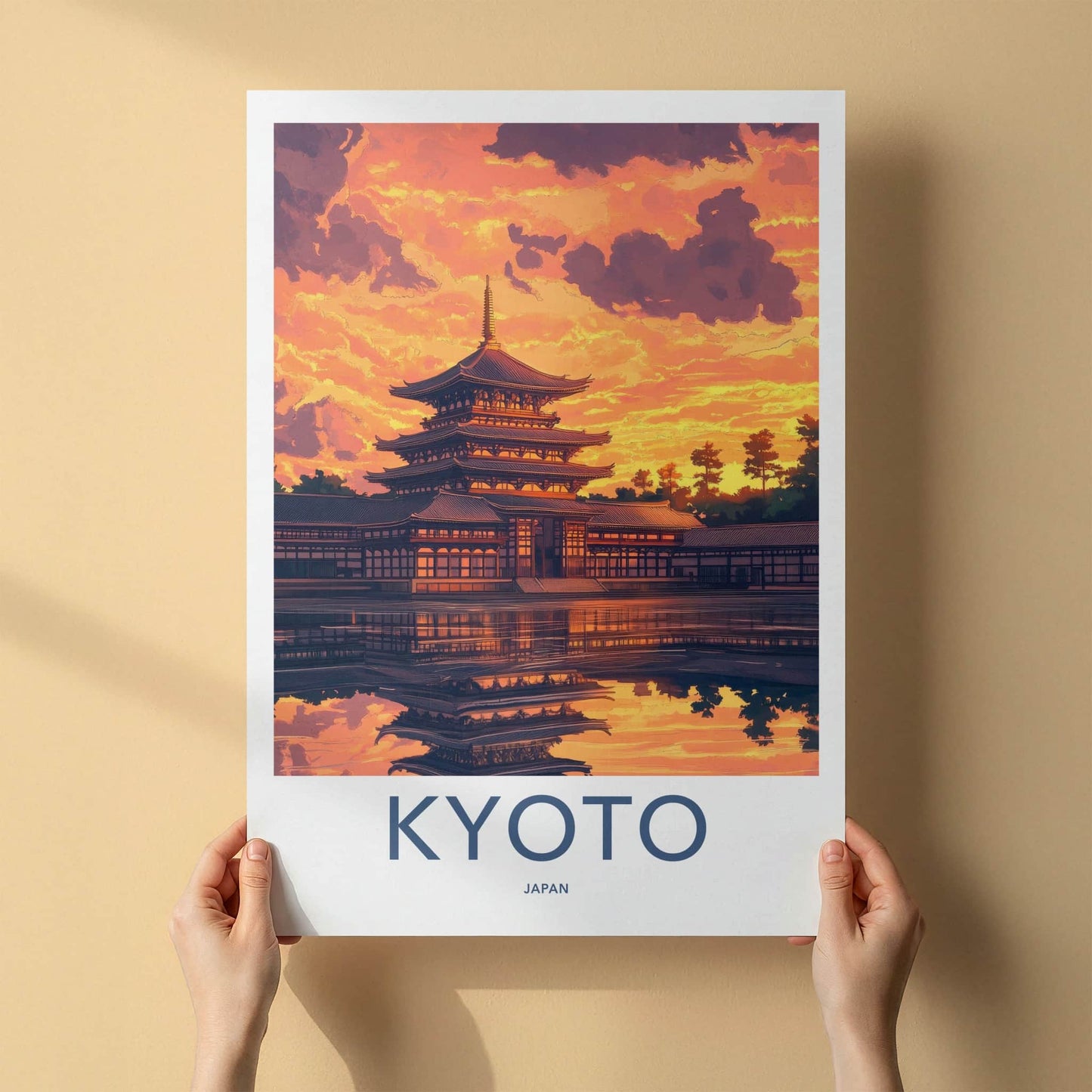 Kyoto Poster - Japan Travel Art - Pagoda Sunset Reflection Home Decor