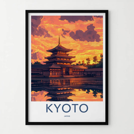 Kyoto Poster - Japan Travel Art - Pagoda Sunset Reflection Home Decor