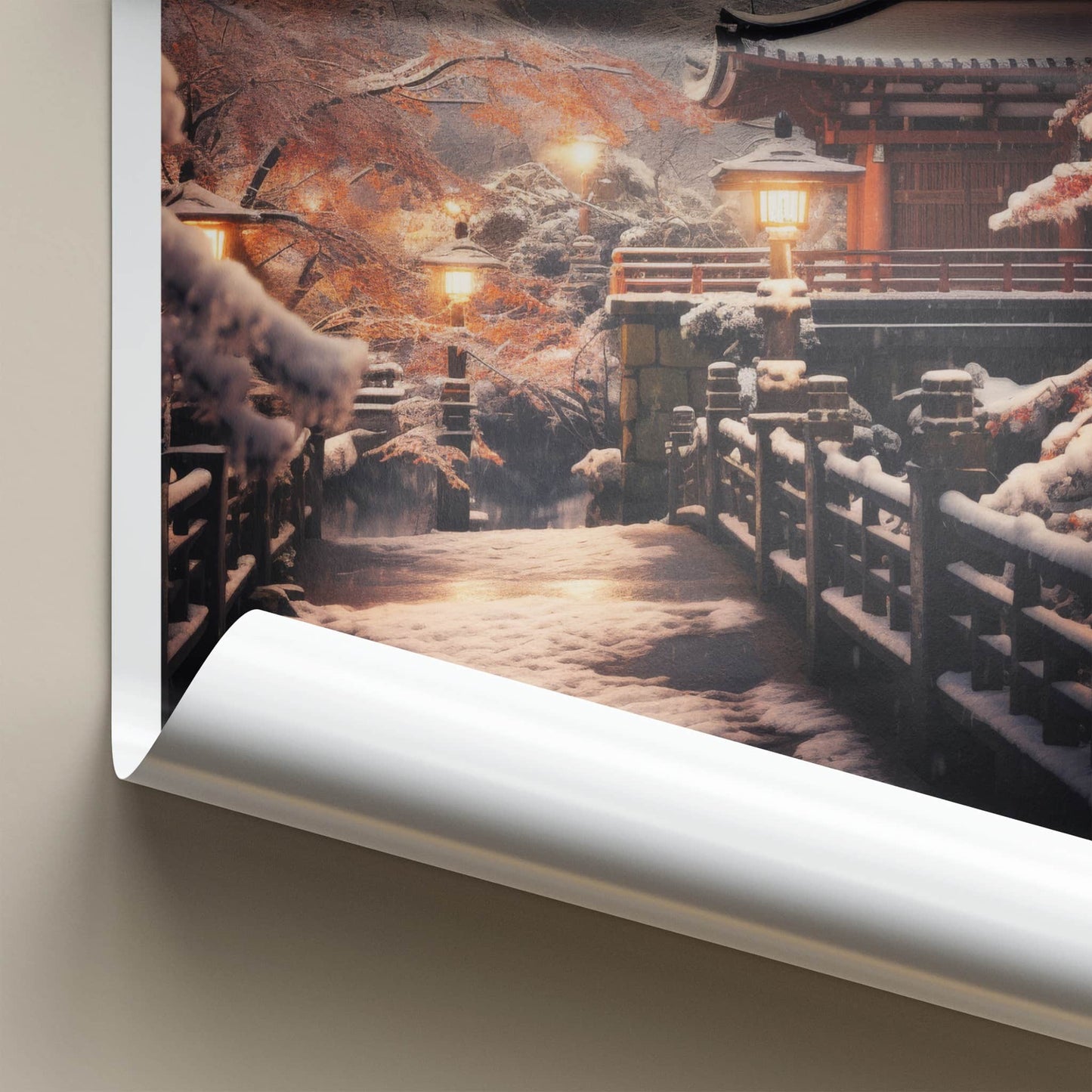 Kyoto Poster - Japan Travel Art - Snowy Temple Lanterns Home Decor