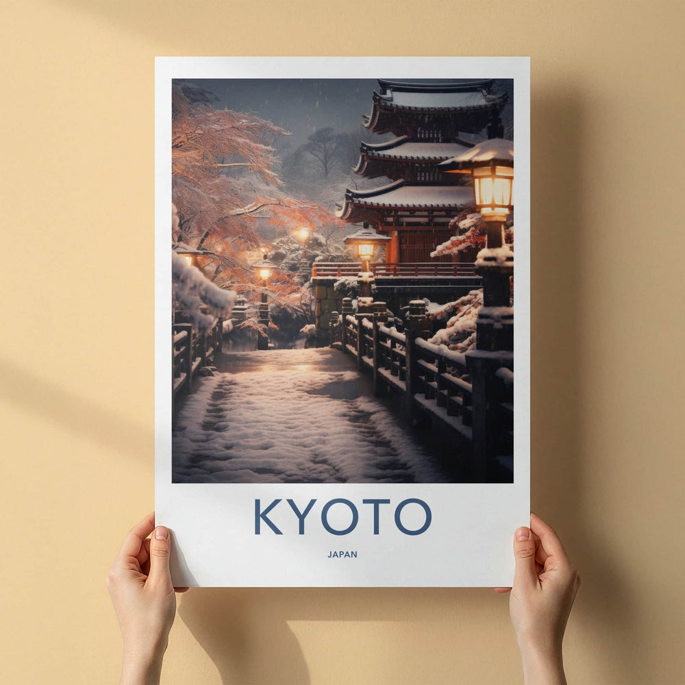 Kyoto Poster - Japan Travel Art - Snowy Temple Lanterns Home Decor