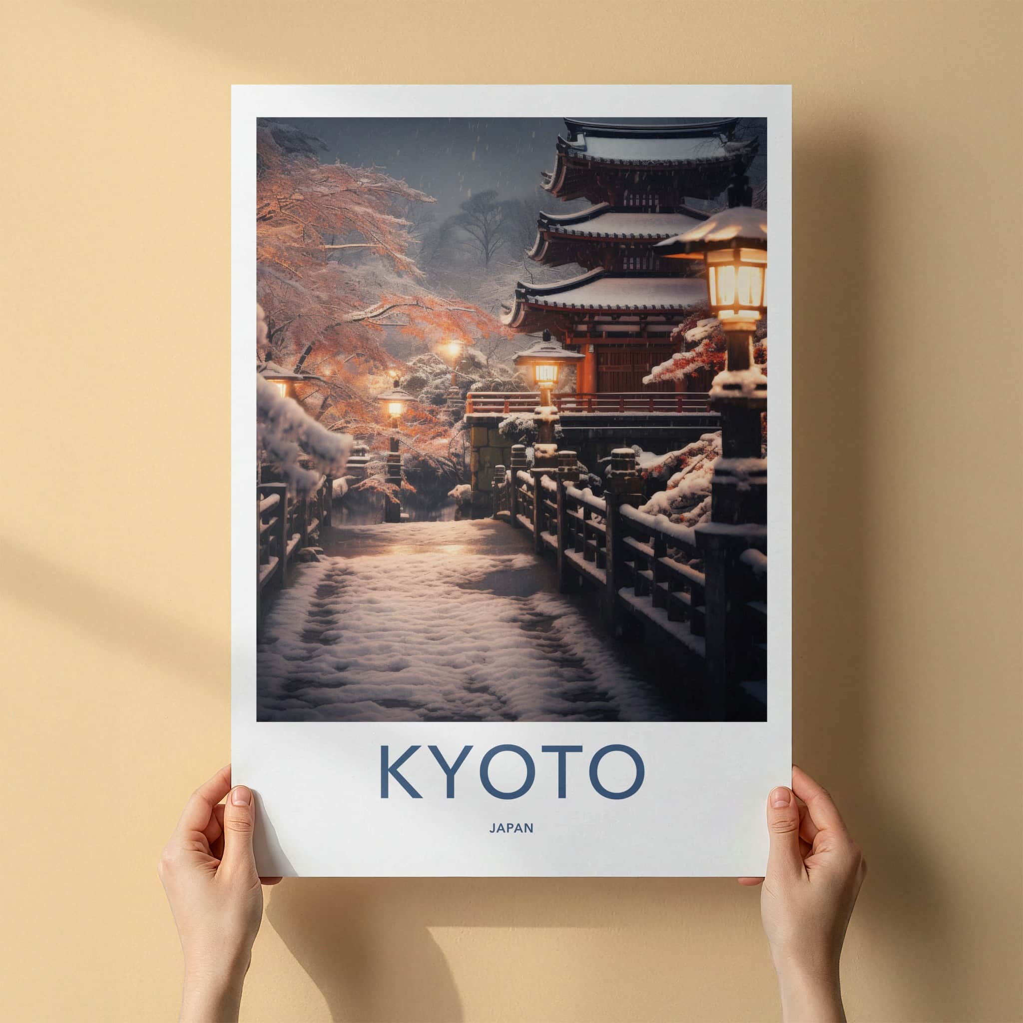 Kyoto Poster - Japan Travel Art - Snowy Temple Lanterns Home Decor