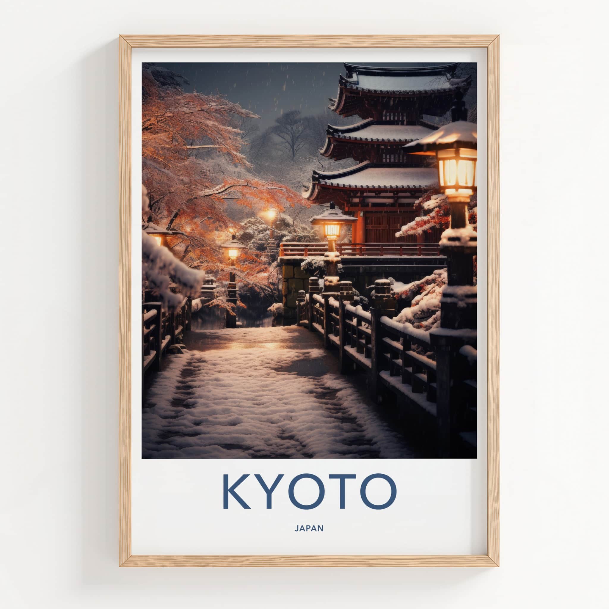 Kyoto Poster - Japan Travel Art - Snowy Temple Lanterns Home Decor
