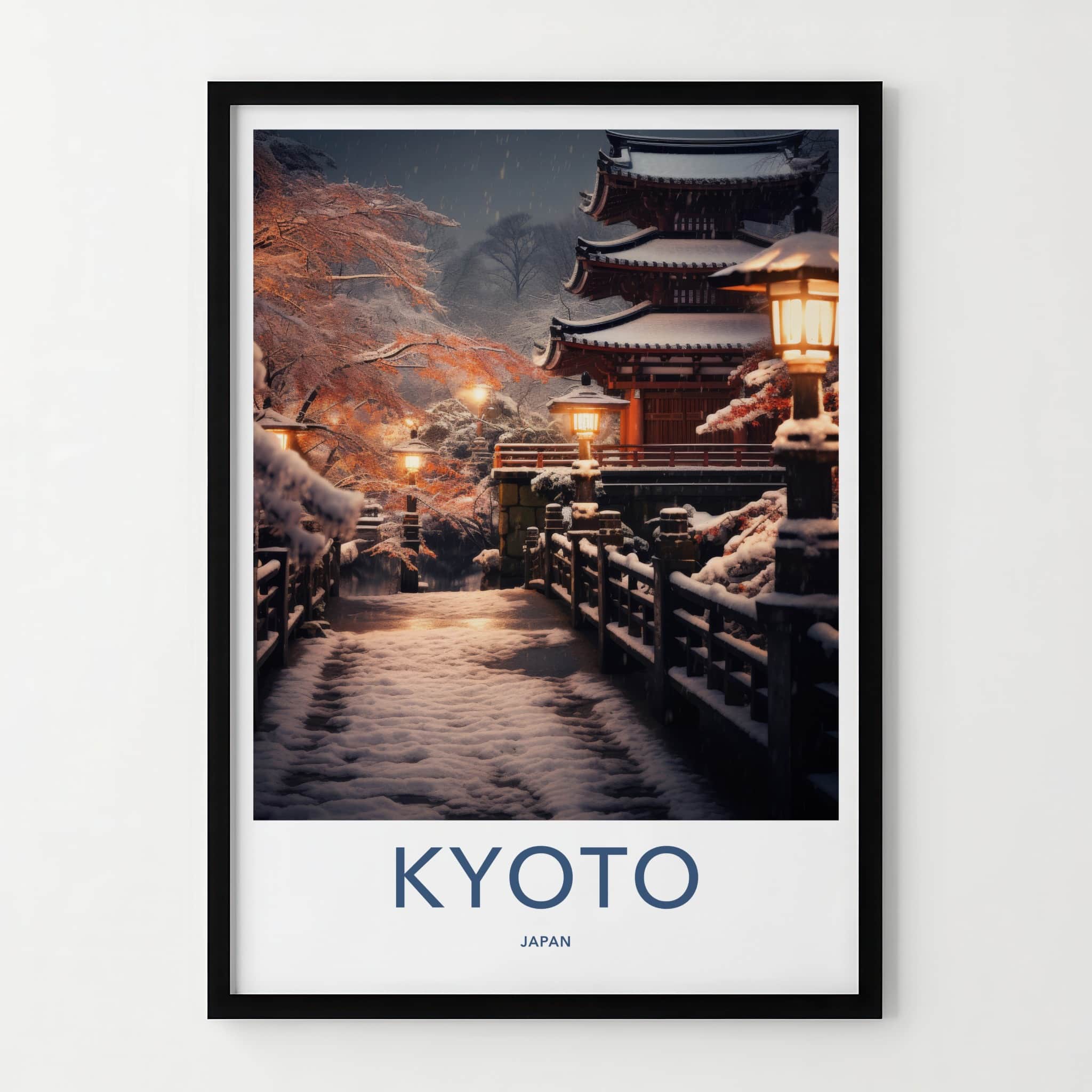 Kyoto Poster - Japan Travel Art - Snowy Temple Lanterns Home Decor
