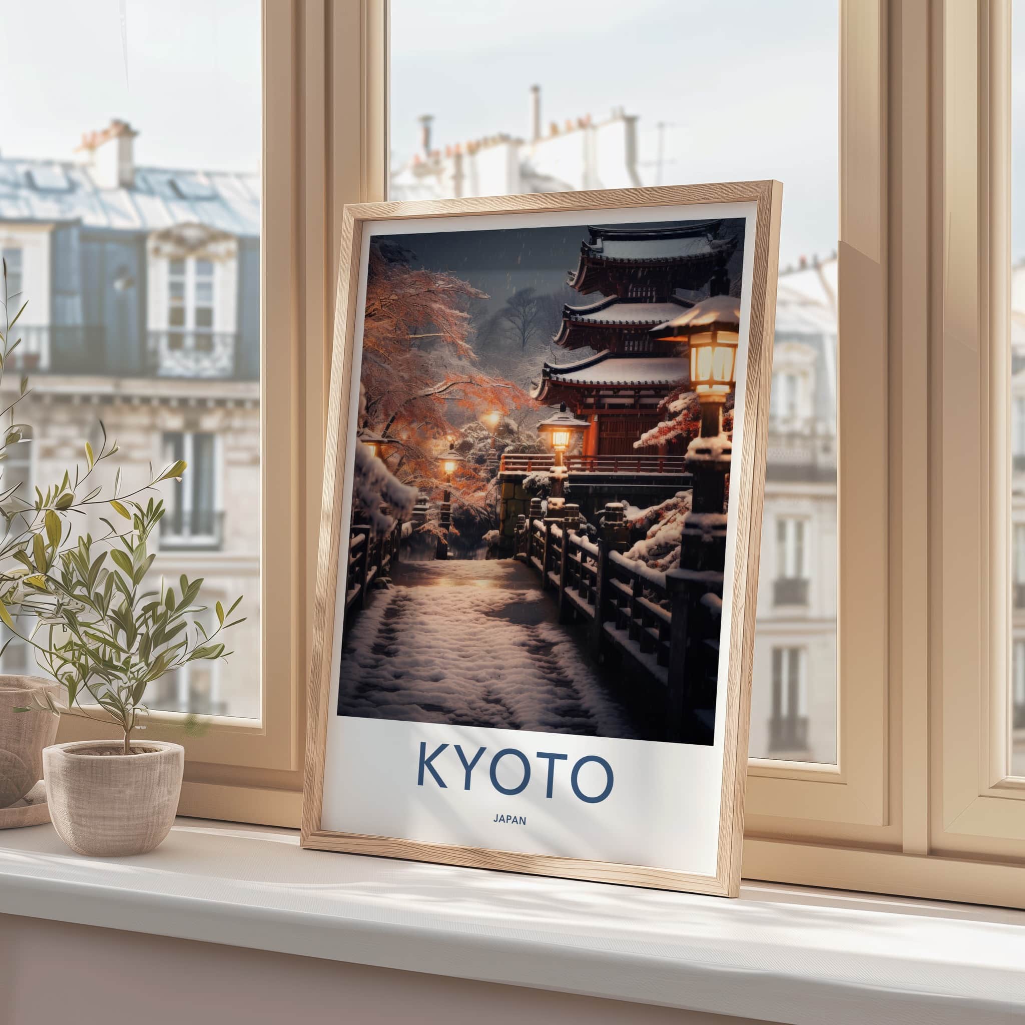 Kyoto Poster - Japan Travel Art - Snowy Temple Lanterns Home Decor