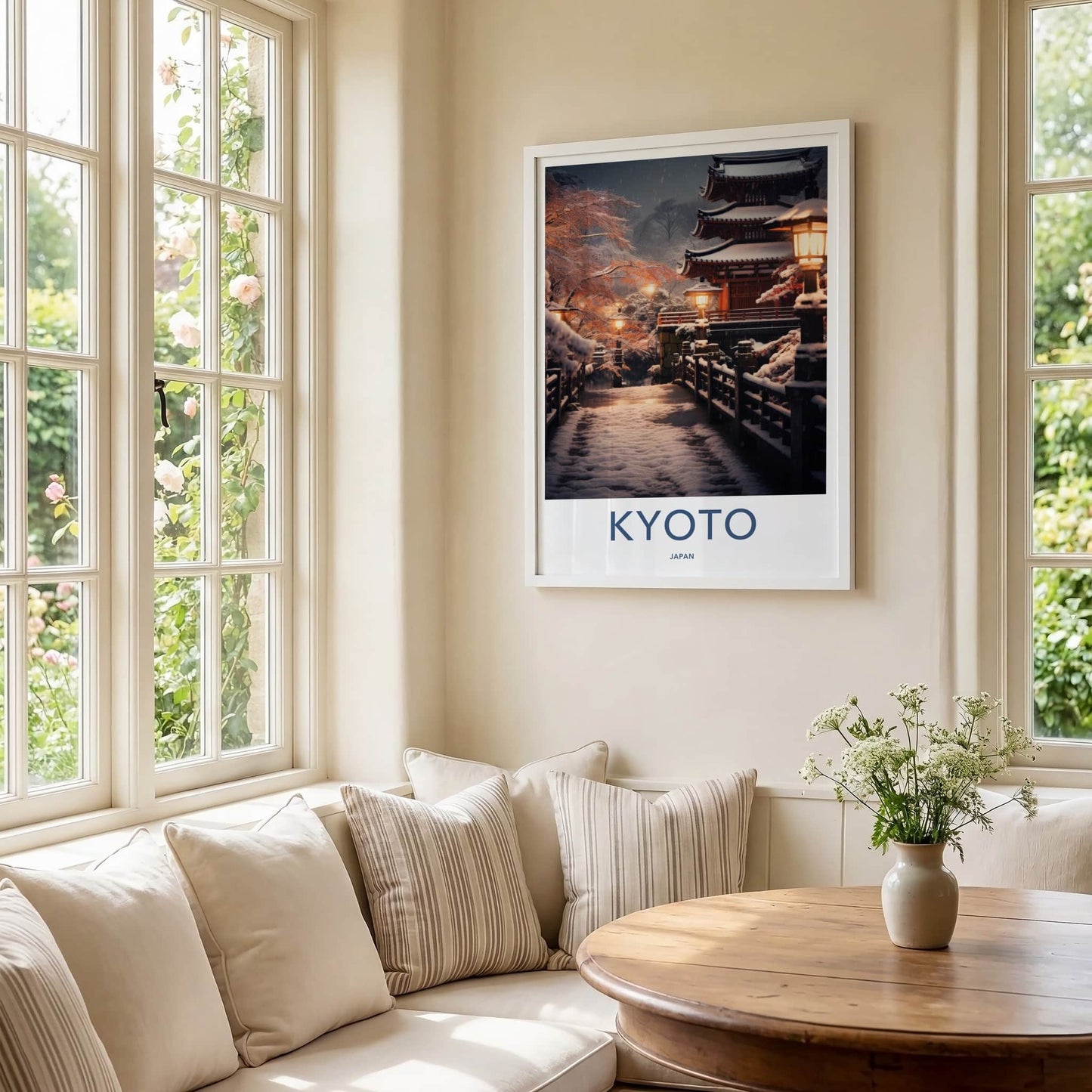 Kyoto Poster - Japan Travel Art - Snowy Temple Lanterns Home Decor