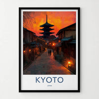 Kyoto Poster - Japan Travel Art - Sunset Pagoda Temple Wall Decor