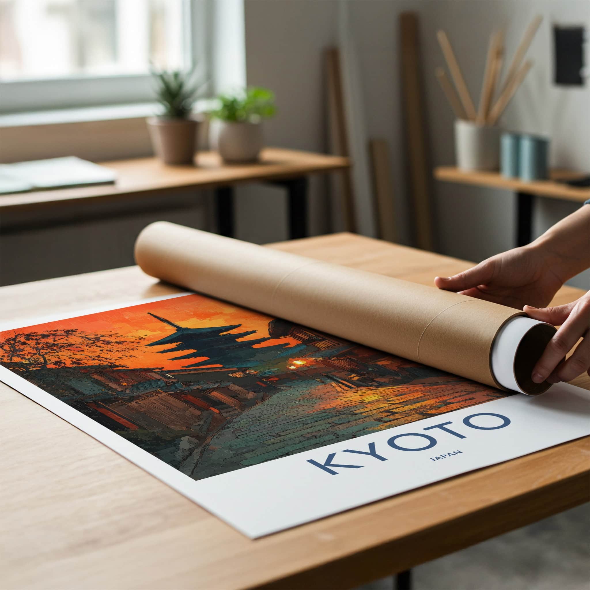 Kyoto Poster - Japan Travel Print - Fiery Sunset Pagoda Home Decor