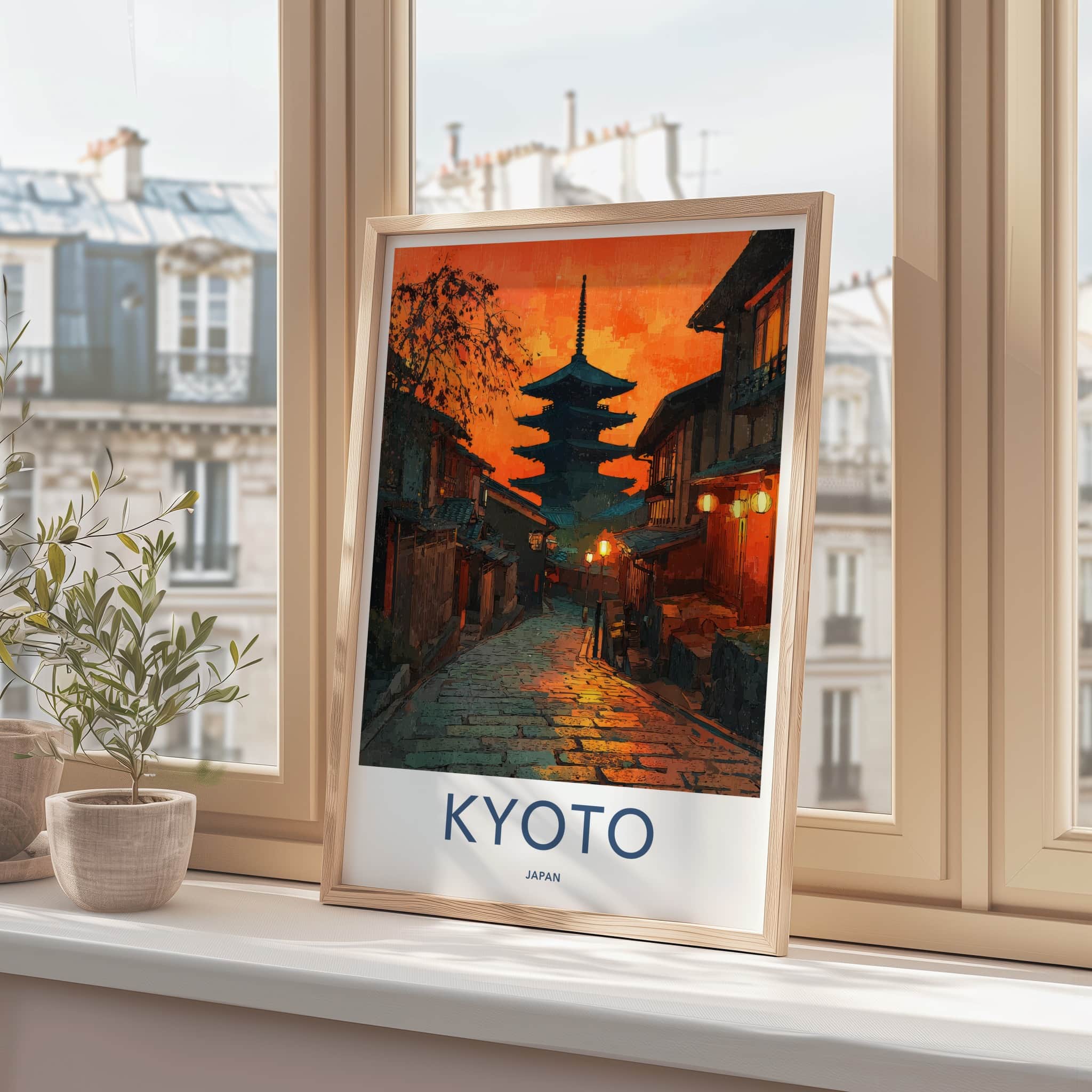 Kyoto Poster - Japan Travel Print - Fiery Sunset Pagoda Home Decor