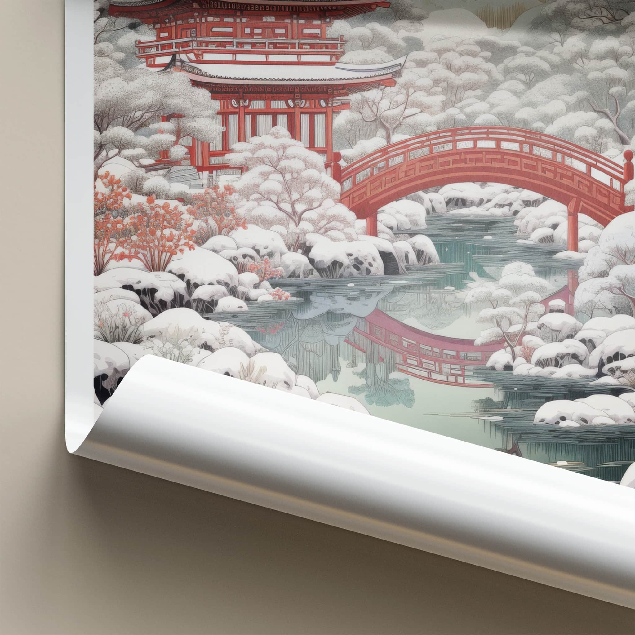 Kyoto Poster - Japan Wall Art - Red Temple Snow Scene Home Decor