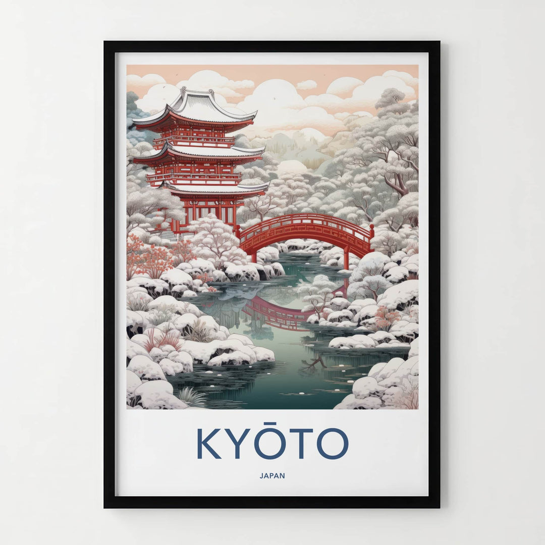 Kyoto Poster - Japan Wall Art - Red Temple Snow Scene Home Decor