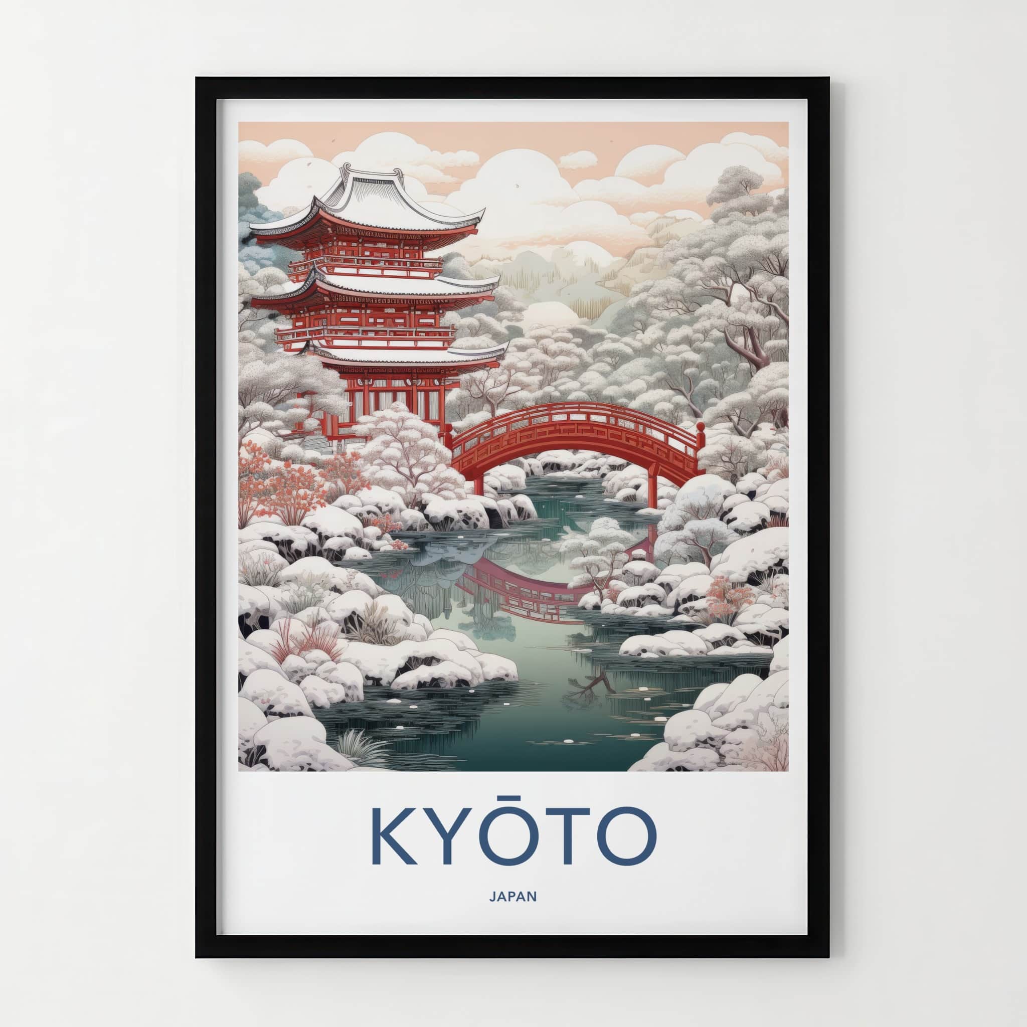 Kyoto Poster - Japan Wall Art - Red Temple Snow Scene Home Decor