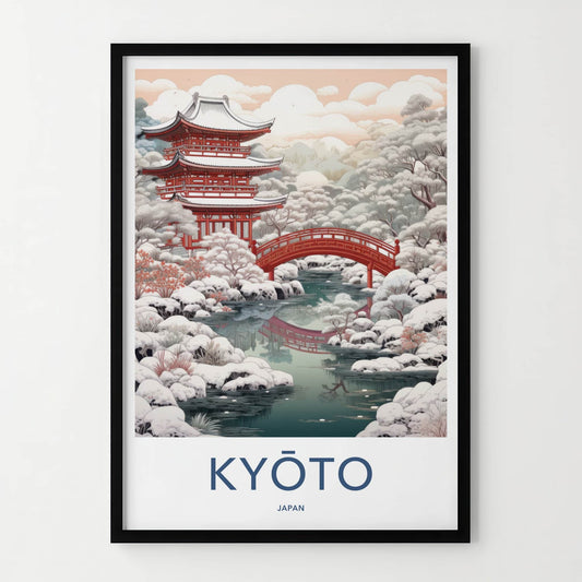 Kyoto Poster - Japan Wall Art - Red Temple Snow Scene Home Decor