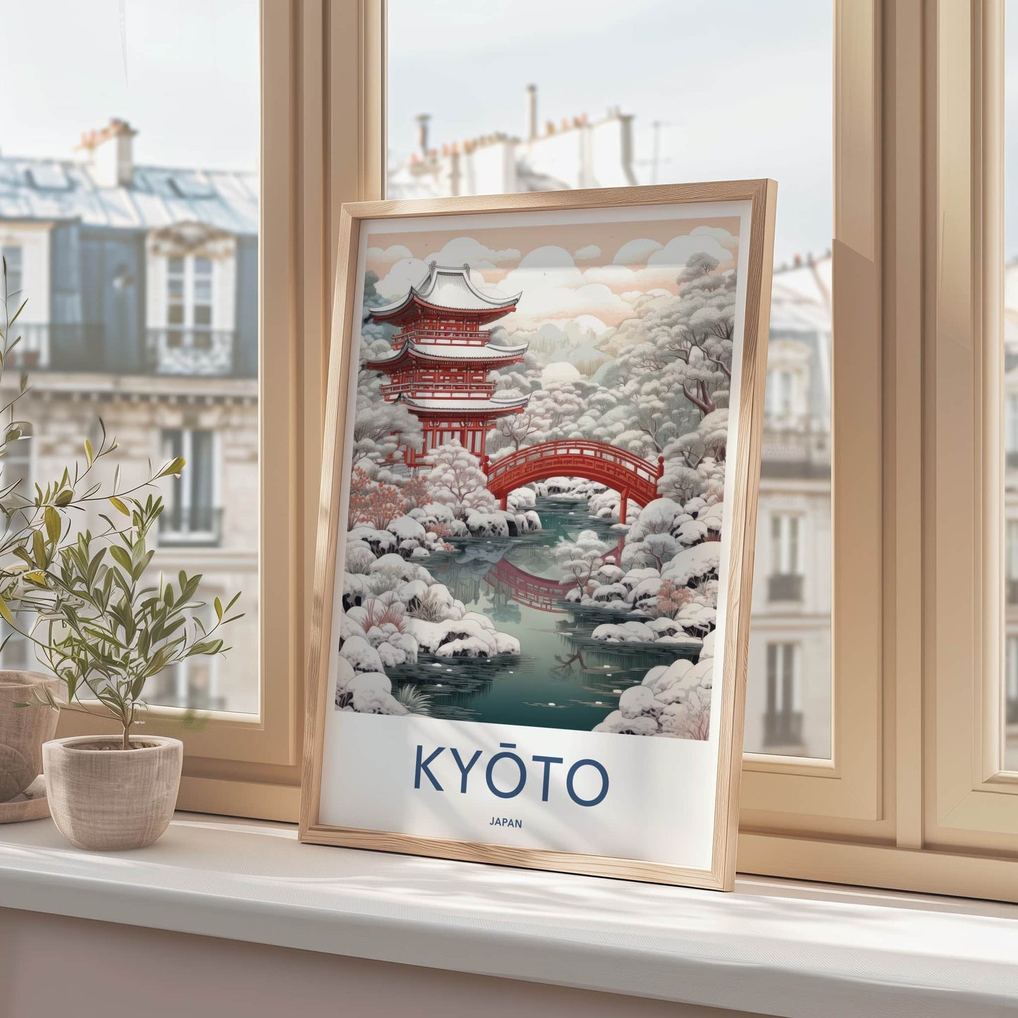 Kyoto Poster - Japan Wall Art - Red Temple Snow Scene Home Decor