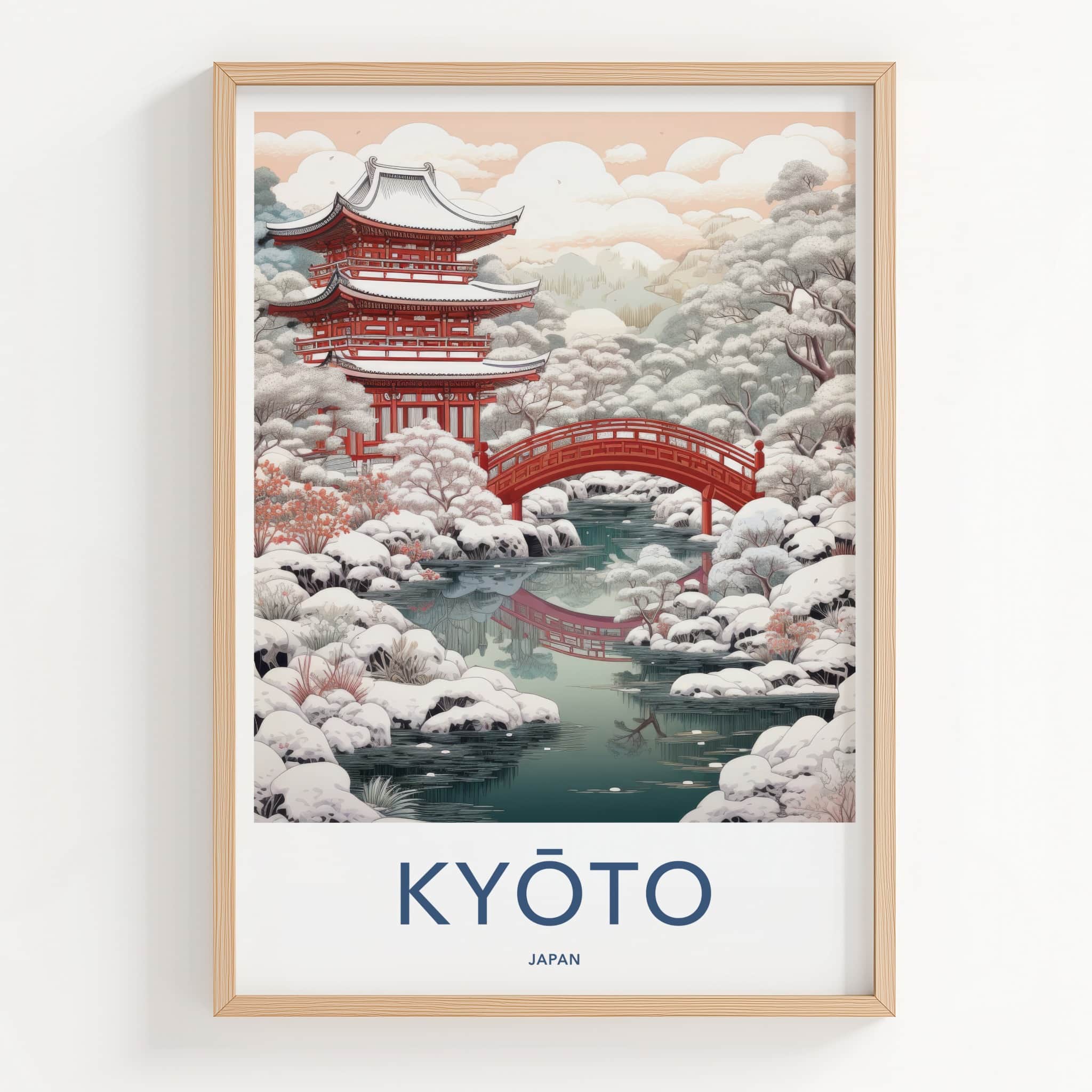 Kyoto Poster - Japan Wall Art - Red Temple Snow Scene Home Decor