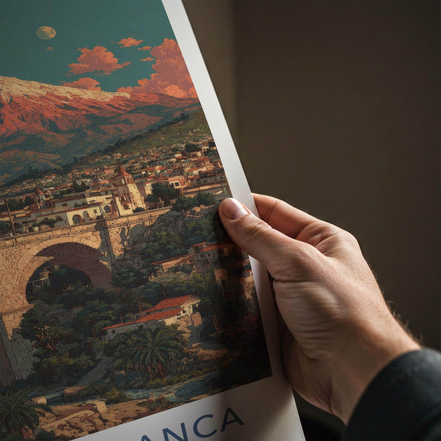La Ciudad Blanca Poster - Peru Travel Art - Arched Bridge Volcano Home Decor