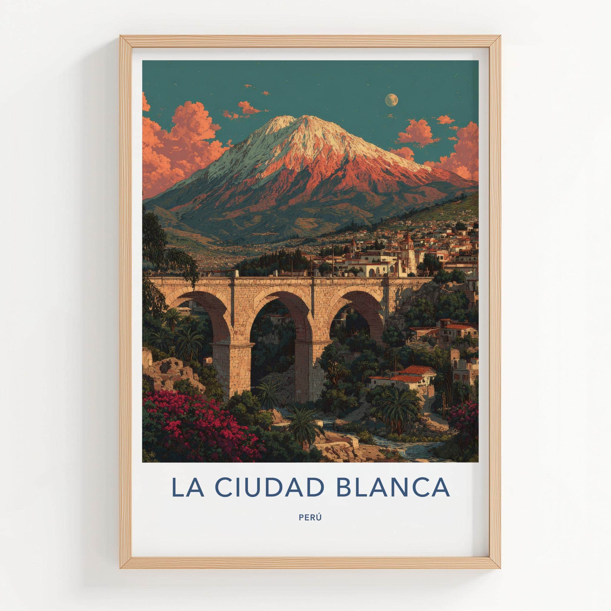 La Ciudad Blanca Poster - Peru Travel Art - Arched Bridge Volcano Home Decor