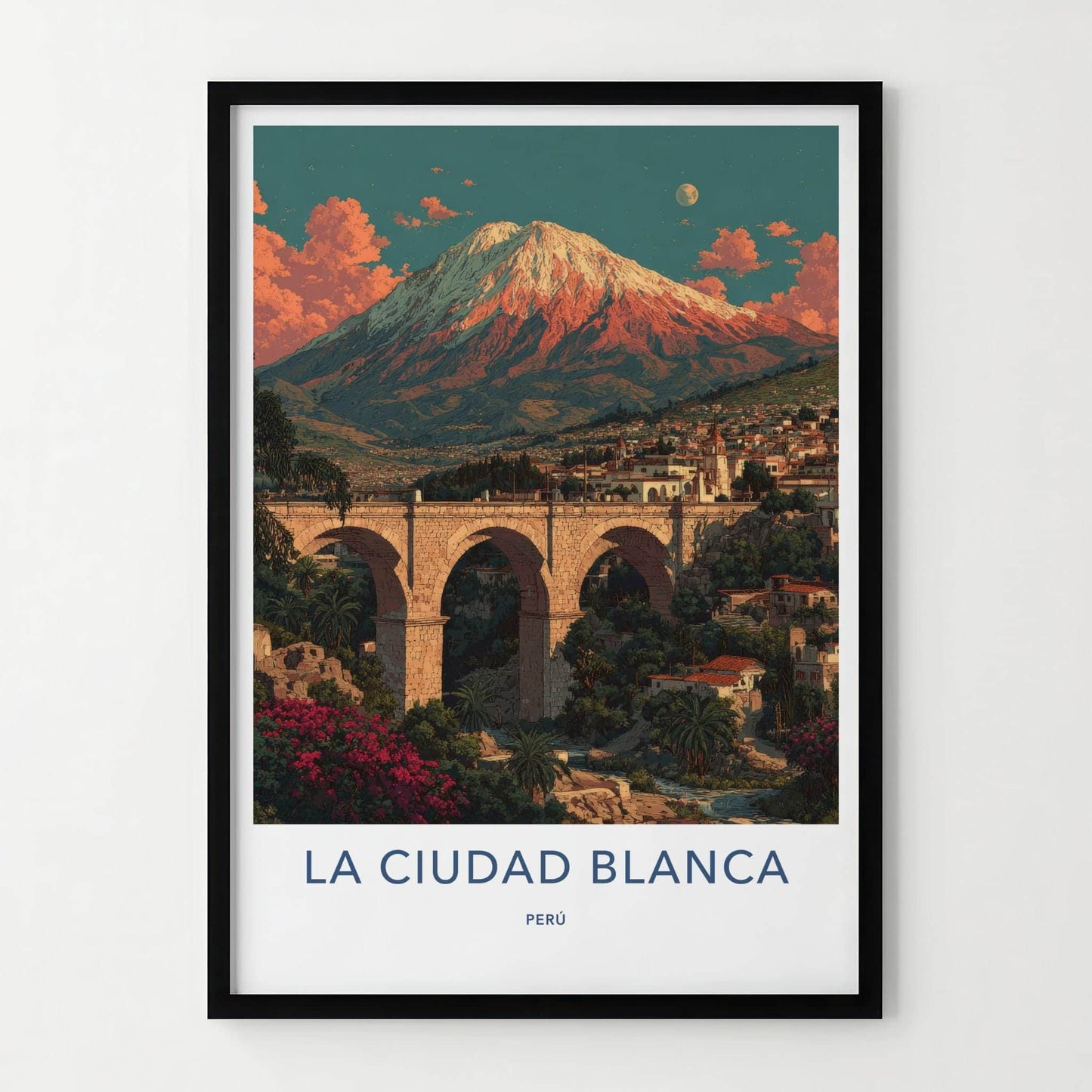La Ciudad Blanca Poster - Peru Travel Art - Arched Bridge Volcano Home Decor