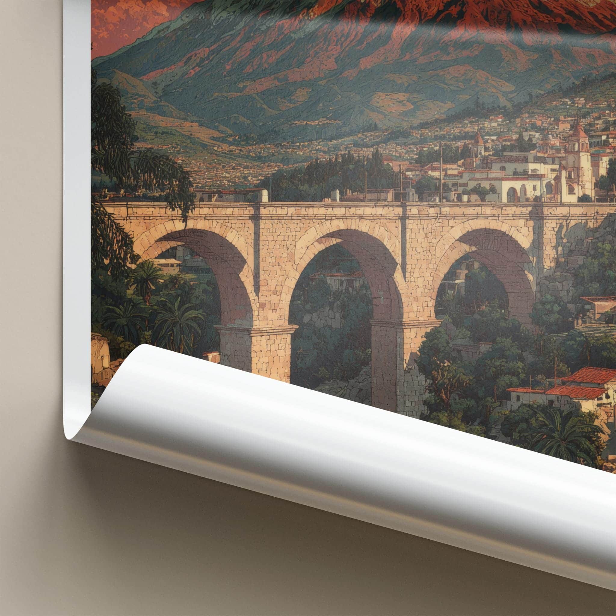 La Ciudad Blanca Poster - Peru Travel Art - Arched Bridge Volcano Home Decor