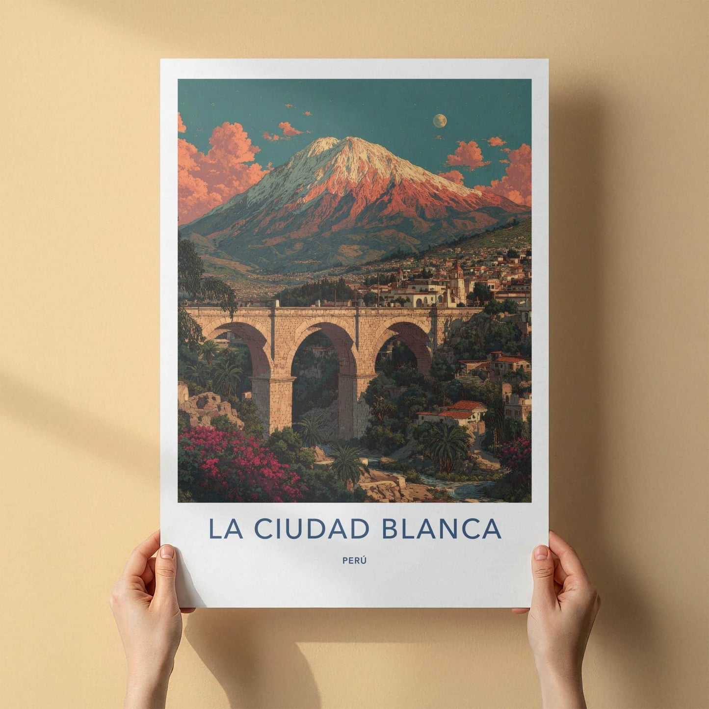 La Ciudad Blanca Poster - Peru Travel Art - Arched Bridge Volcano Home Decor